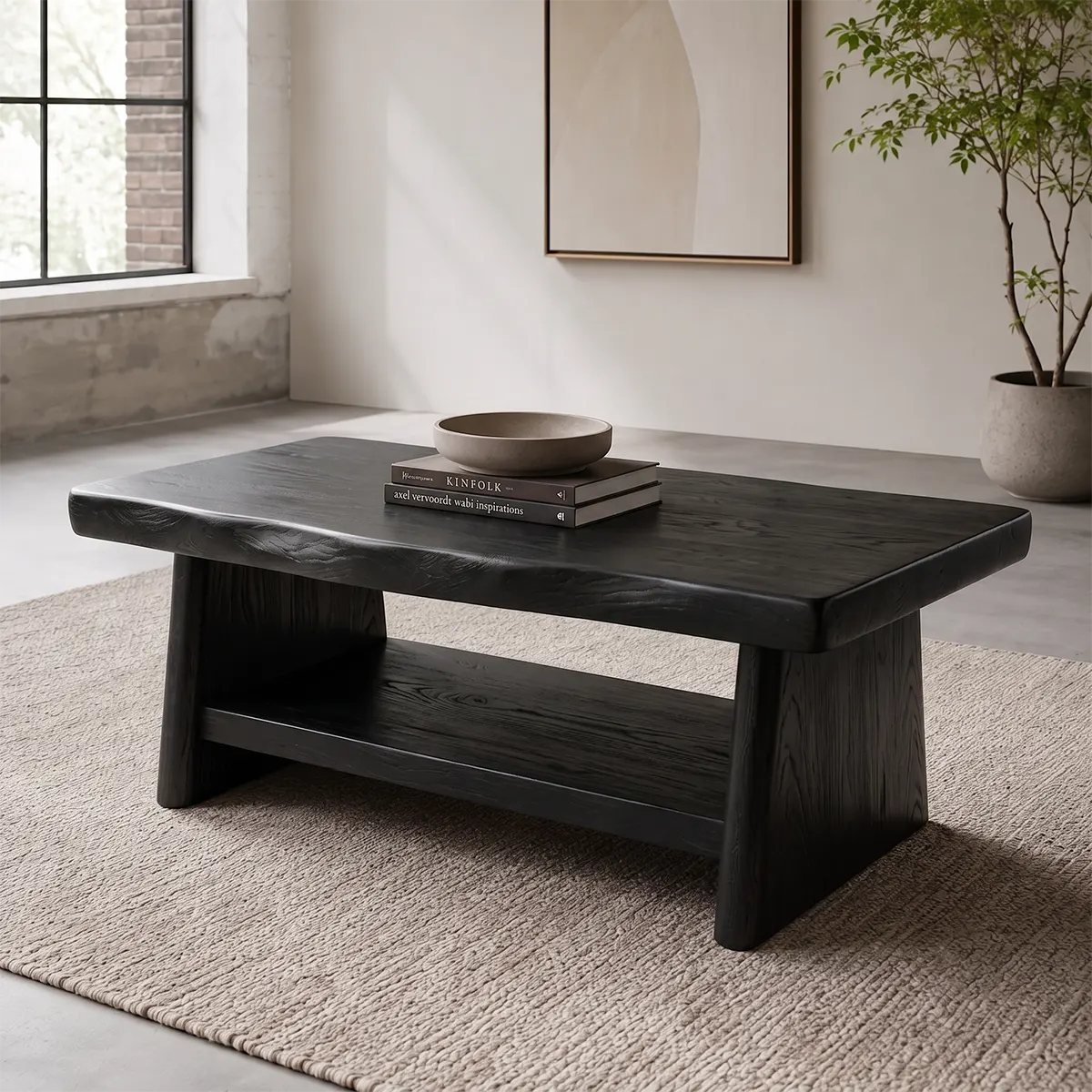 Solid Wood Coffee Table with Storage Shelf | Rustic Modern Living Room Center Table TT006-5599