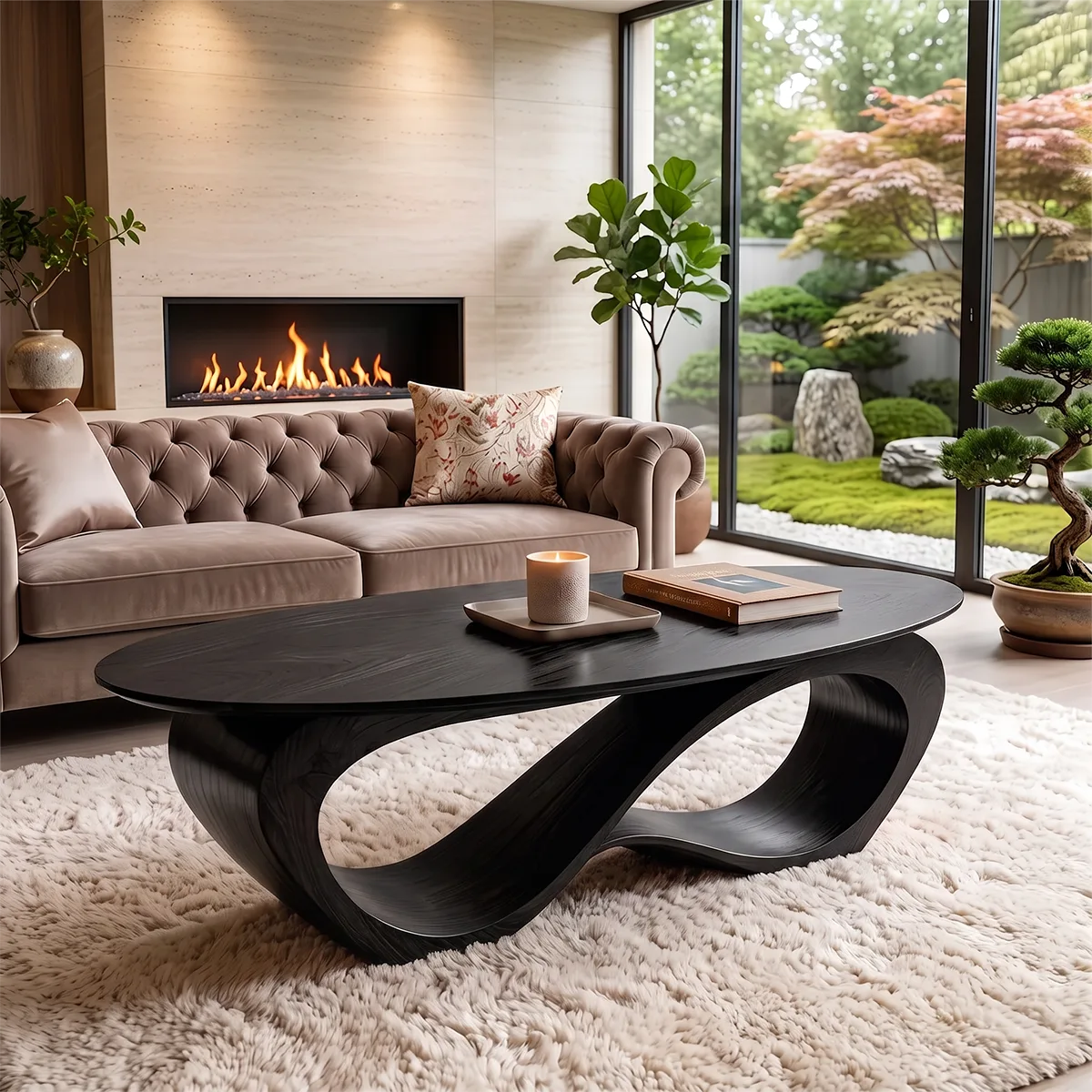 Sculptural Oval Coffee Table | Organic Modern Wave Base Living Room Center Table