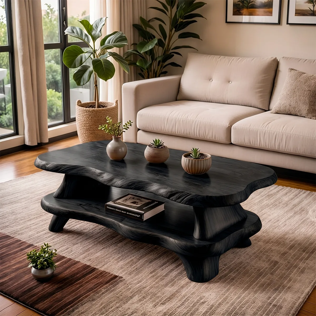 Organic Solid Wood Coffee Table with Storage Shelf | Modern Live Edge Center Table TT006-8710