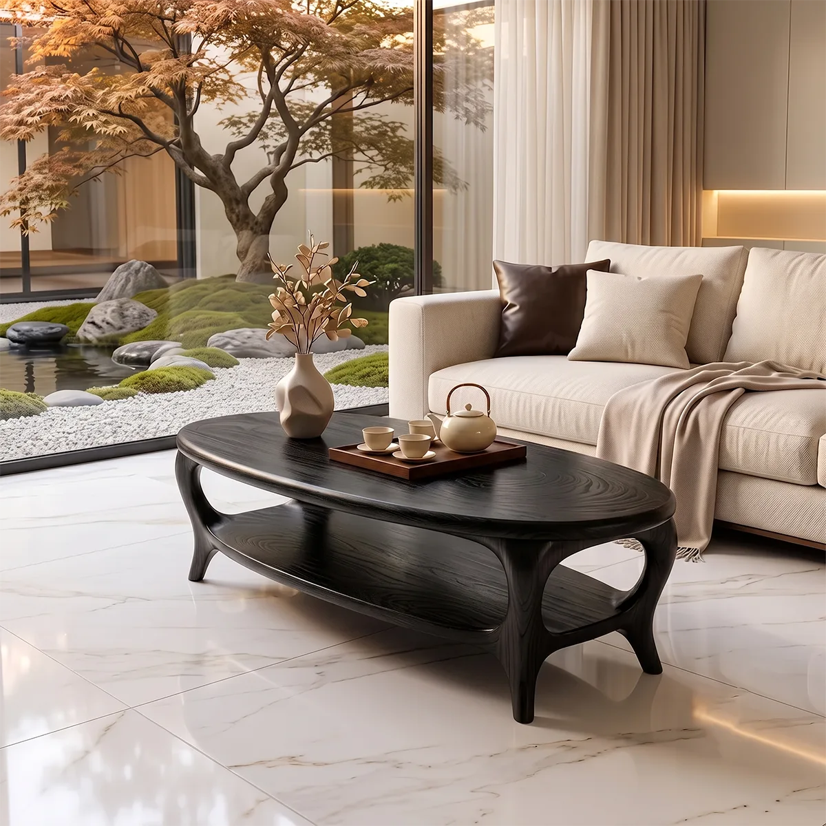 Modern Oval Coffee Table with Shelf | Sculptural Organic Center Table TH003-8066