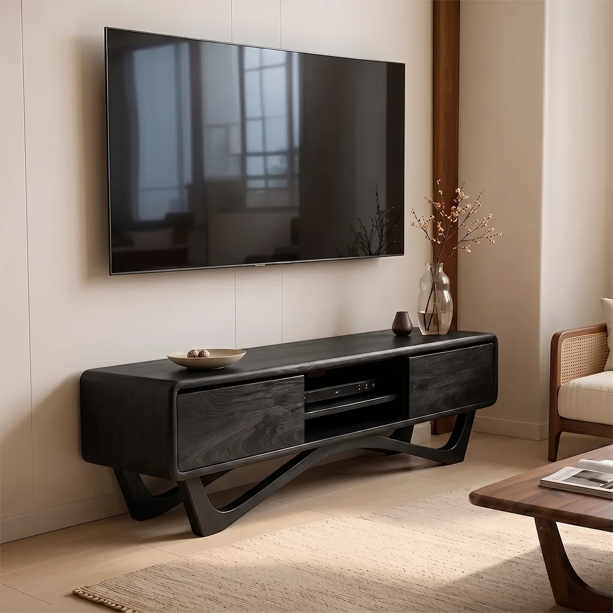 Modern TV Stand with 2 Cabinets & Open Shelves | Sculptural Media Console