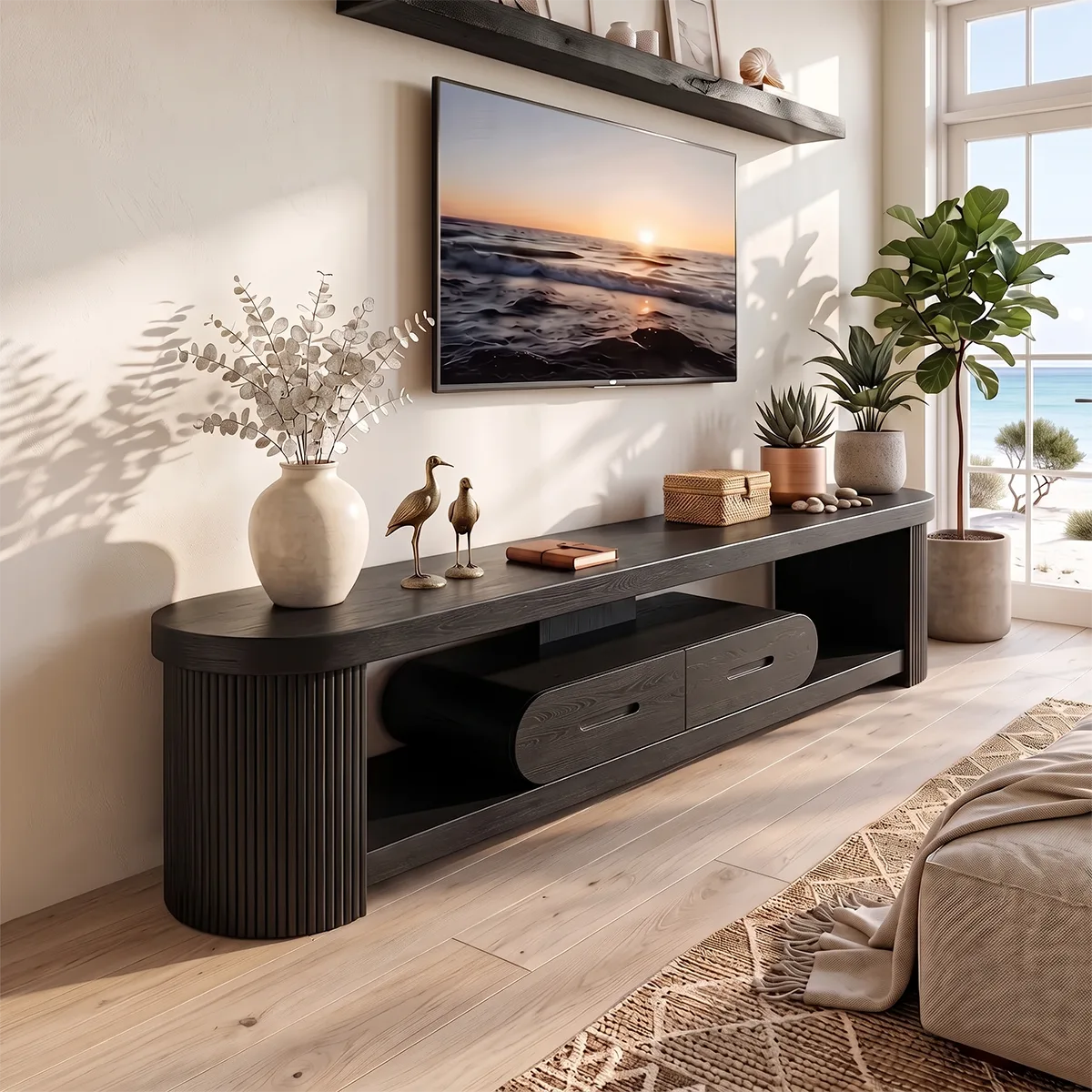 Modern Fluted TV Stand with 2 Drawers & Open Storage | Sculptural Low Profile Media Console