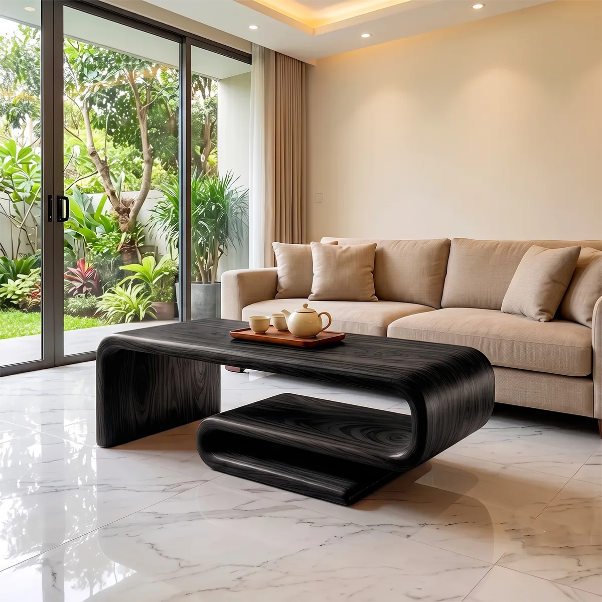 Modern Waterfall Coffee Table | Contemporary Center Table with Open Shelf Storage TH003-5383