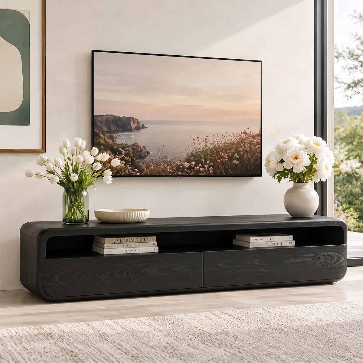 Modern TV Stand with Open Shelf & 2 Large Drawers | Minimalist Media Console TT006-2PMS8ZG