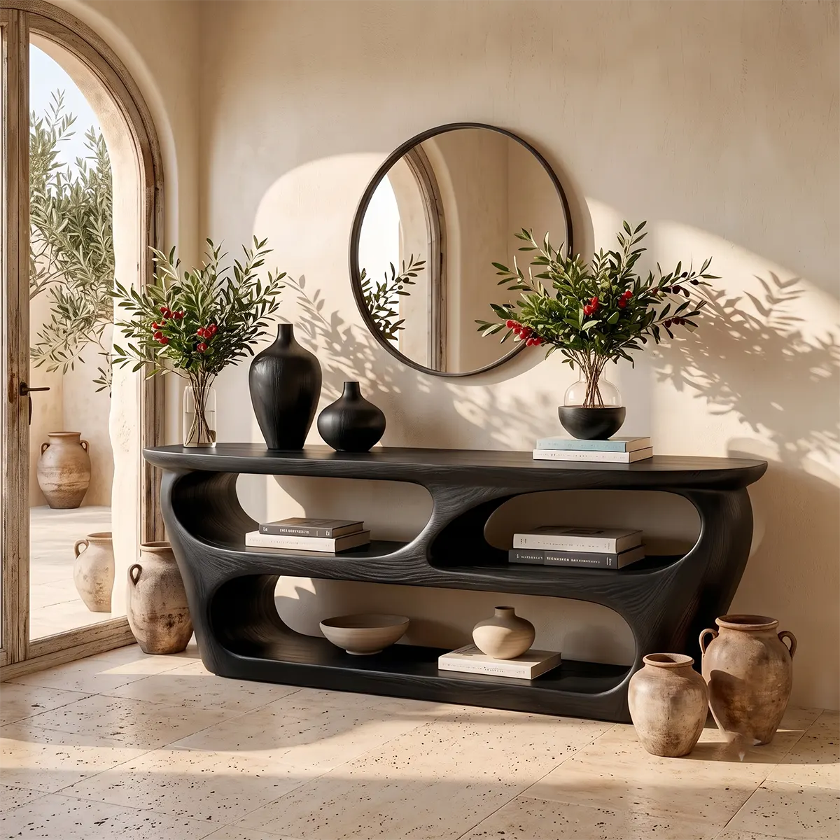 Modern Wooden Console Table with Open Shelves & Sculptural Organic Design TT006-5635