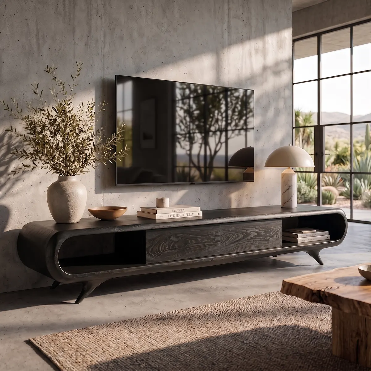 Sculptural Curved TV Stand with Open Shelves & Concealed Storage | Modern Low Profile Media Console