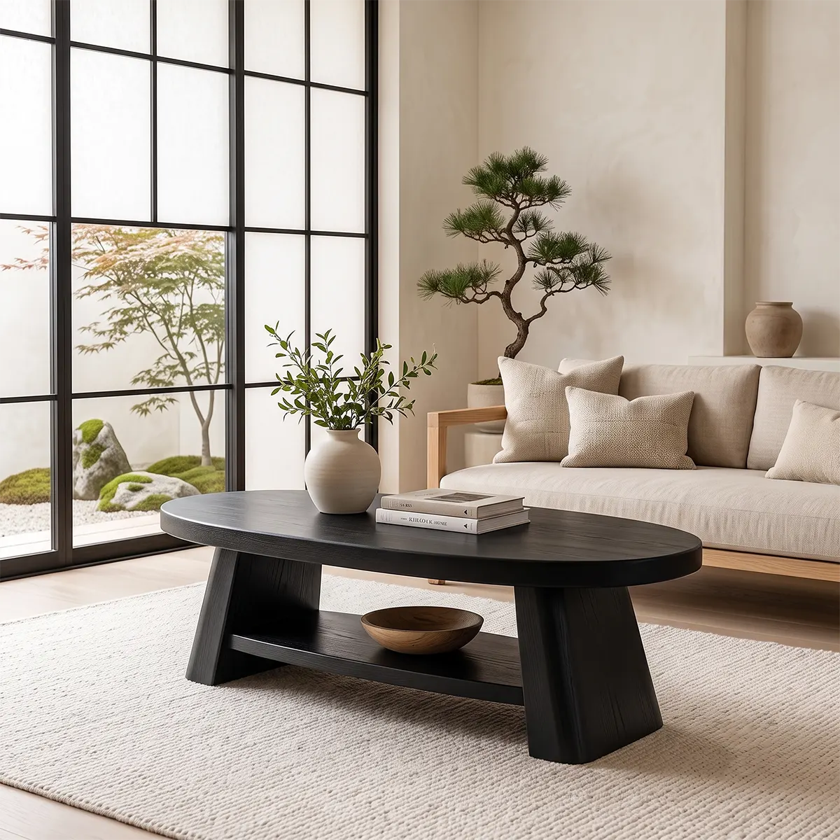 Solid Wood Oval Coffee Table with Storage Shelf | Modern Organic Living Room Table TT006-8795