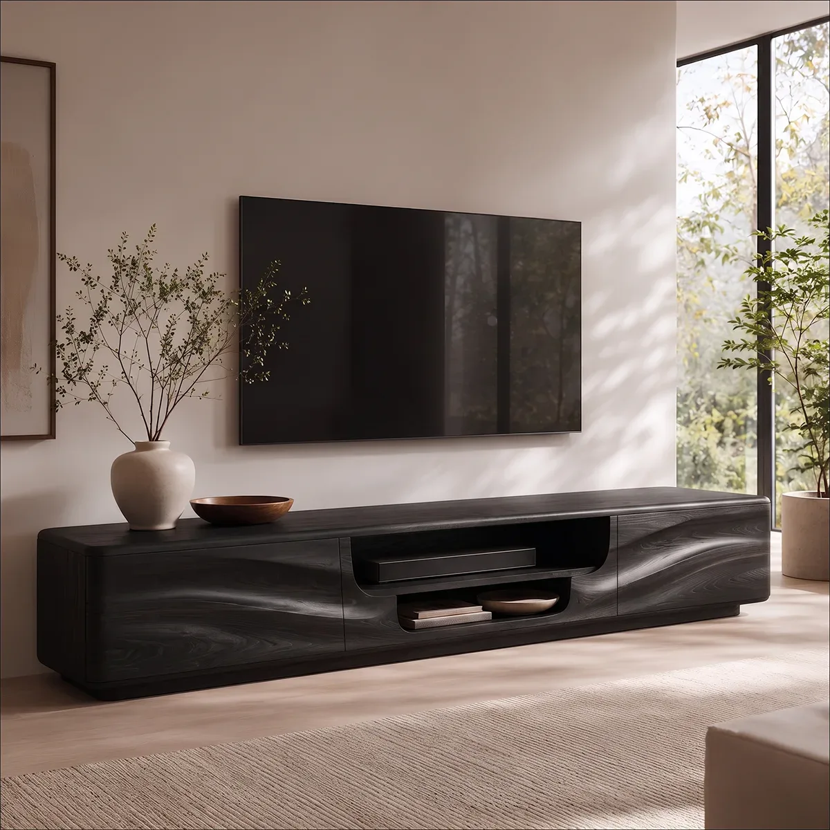 Organic Modern TV Stand with Dual Cabinets & Open Media Shelf | Modern Entertainment Console TT006-7DSN7TR