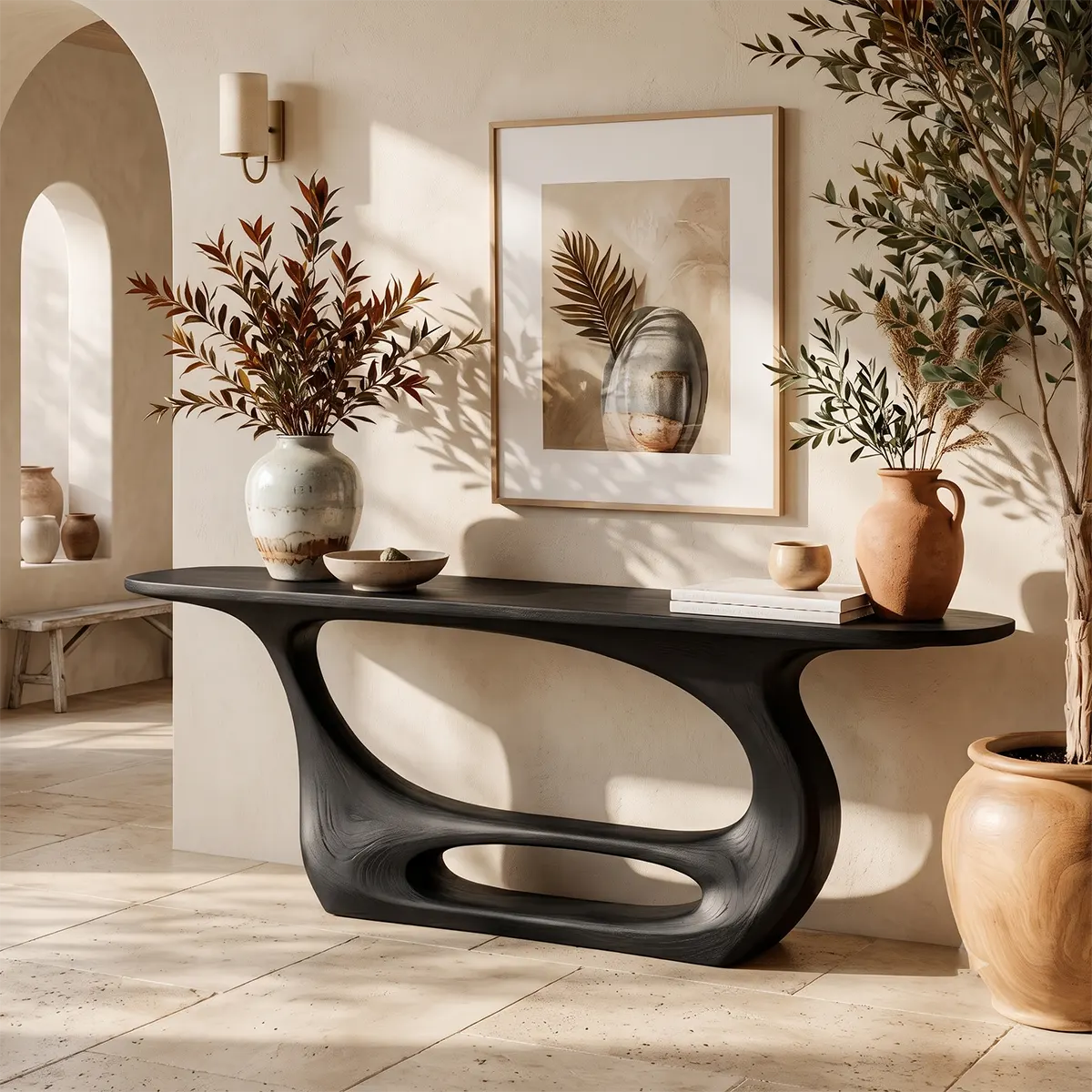 Organic Modern Console Table with Sculptural Open Base for Entryway & Living Room TT006-9597