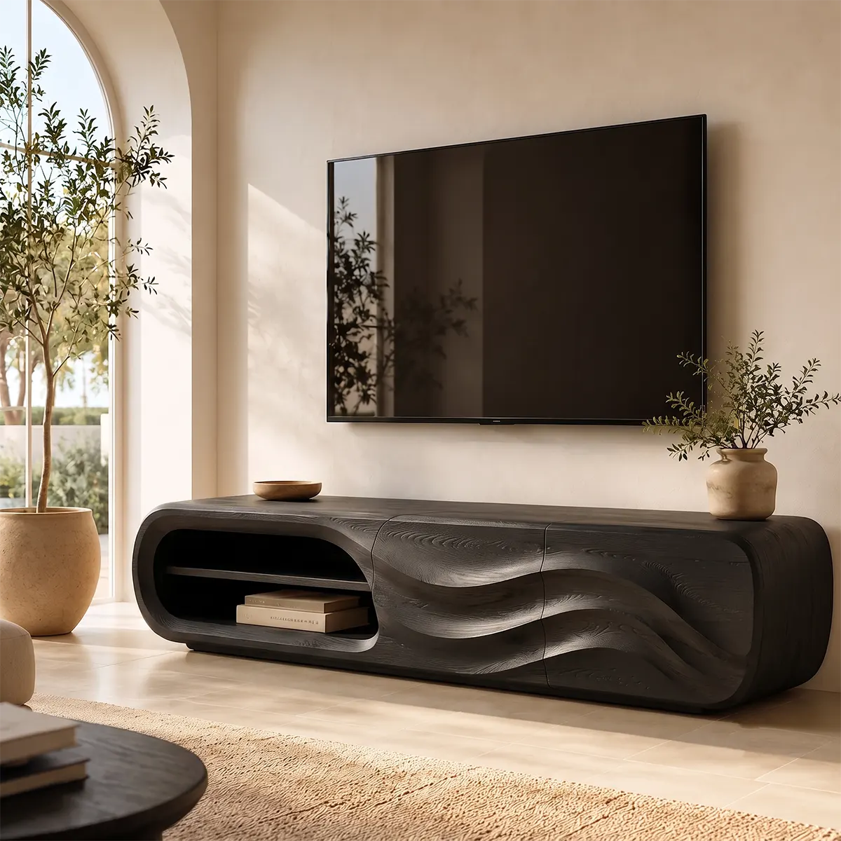 Modern Organic TV Stand with Open Shelving & Dual Sculpted Storage Cabinets TT006-6RWN8II