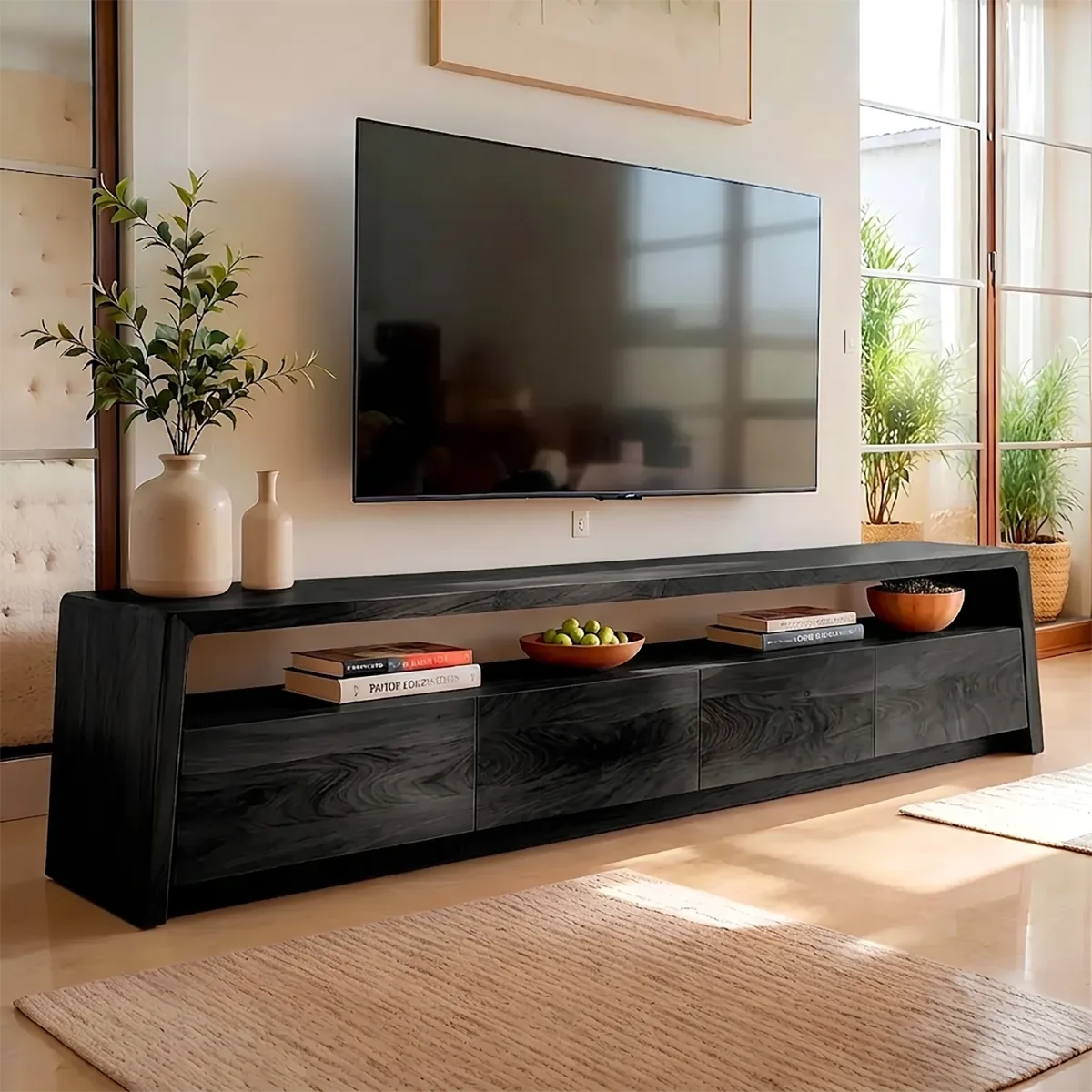 Modern TV Stand with 4 Enclosed Storage Compartments & Open Media Shelf