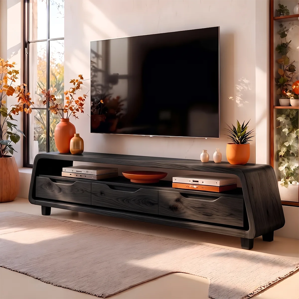 Modern Curved TV Stand with 3 Drawers & Long Open Media Shelf