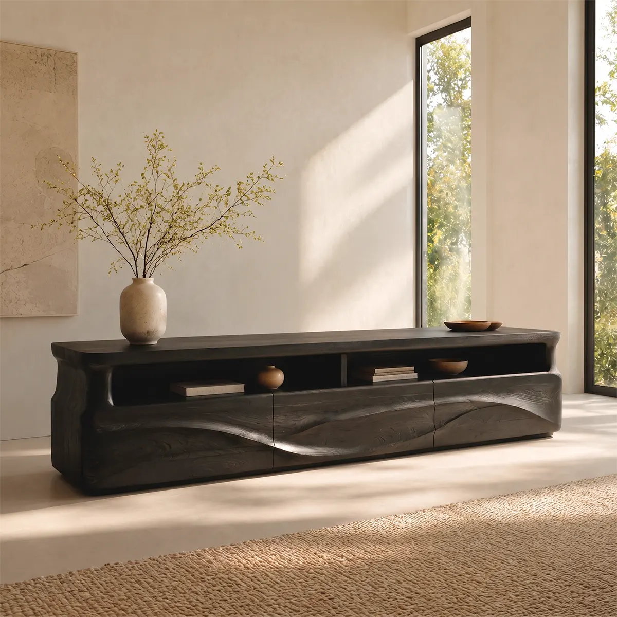 Modern Organic TV Stand with Sculpted Cabinets | Open Display Media Console TT006-5EKO4LA