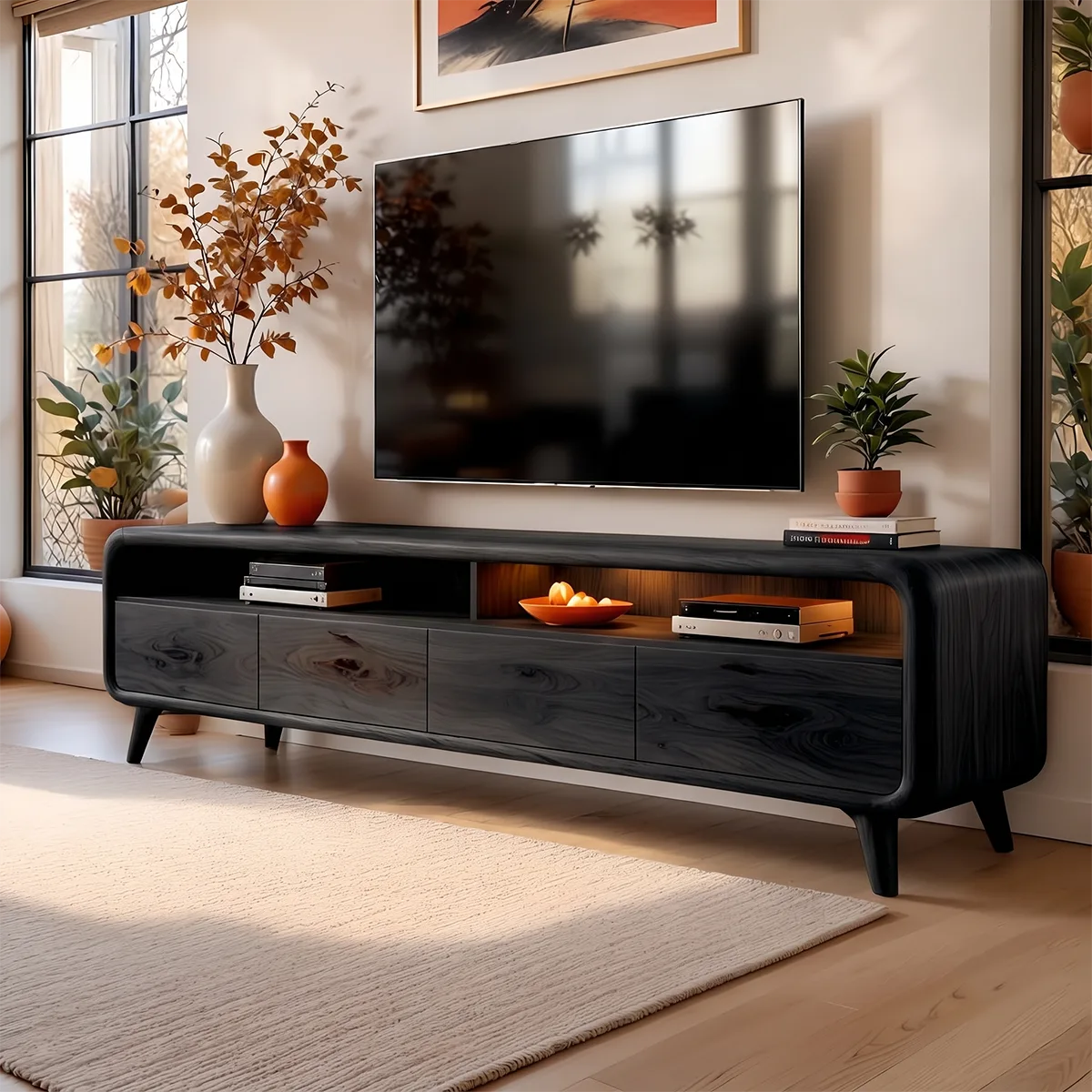 Modern TV Stand with 4 Enclosed Storage Compartments & 2 Open Media Shelves