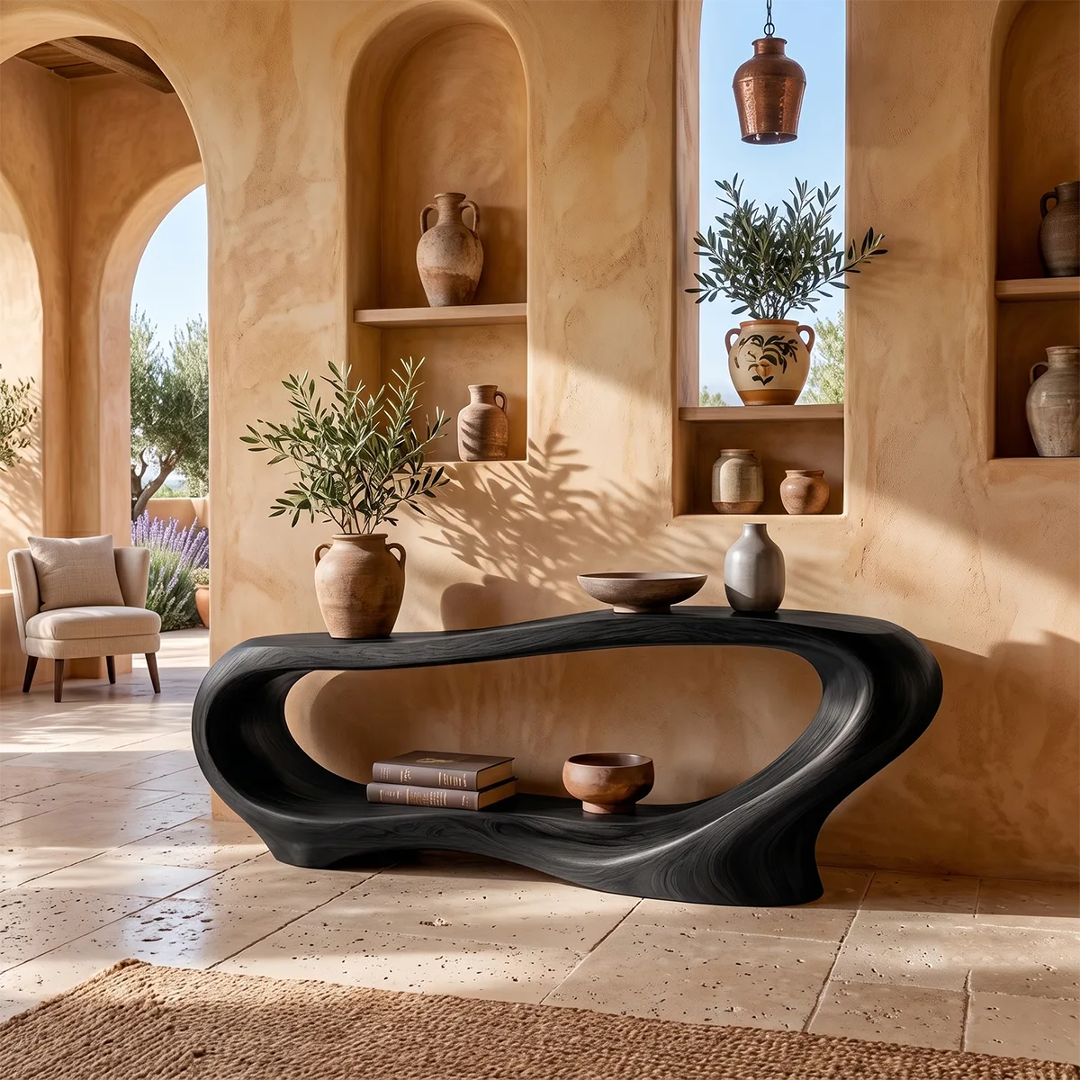 Organic Modern Console Table with Open Display Shelf & Sculptural Curved Design TT006-3660