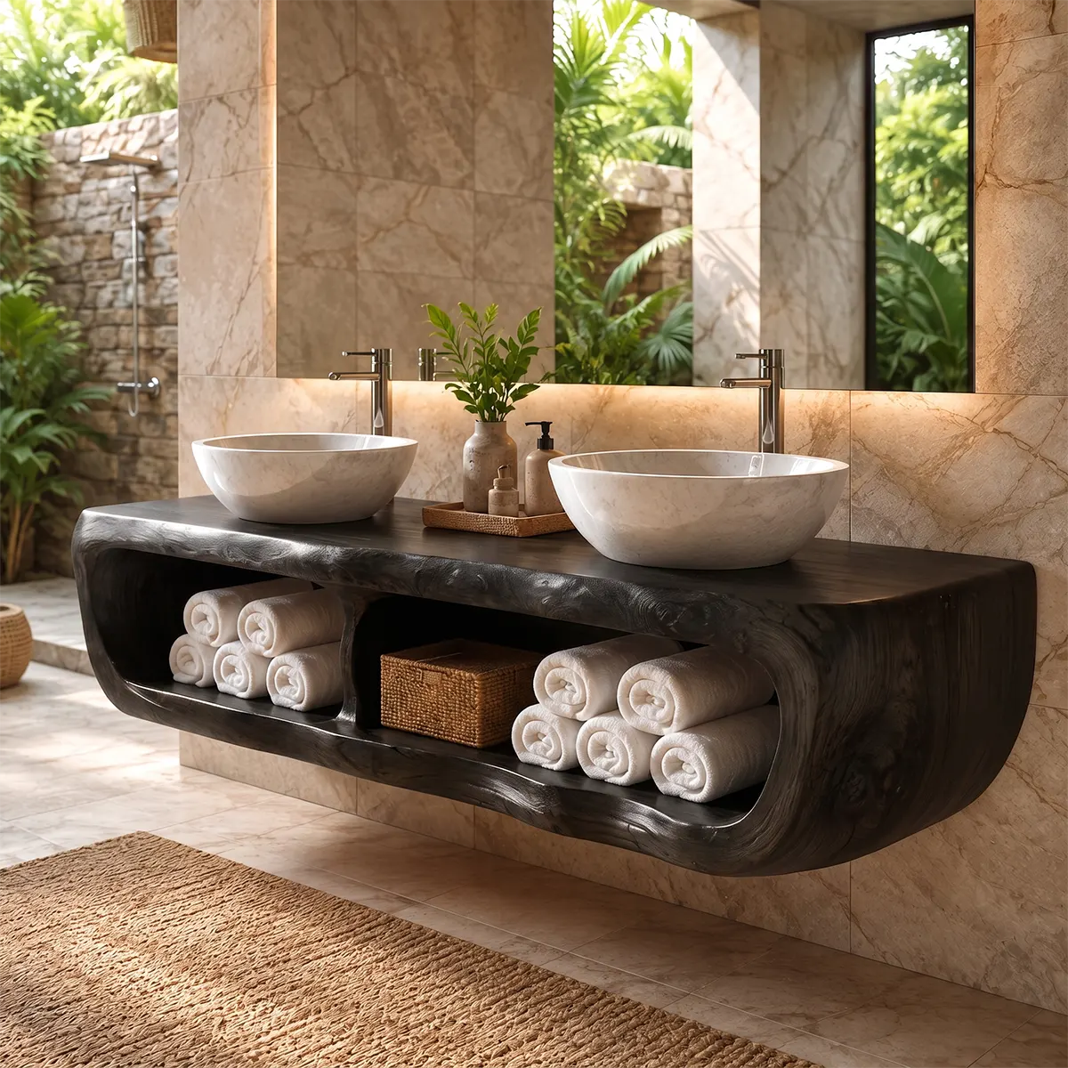 Floating Double Bathroom Vanity with Open Storage Compartments | Sculptural Organic Modern Design