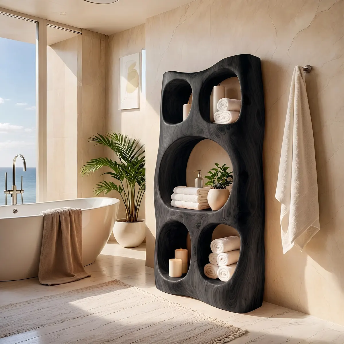 Tall Bathroom Storage Cabinet with Open Shelves | Sculptural Organic Modern Storage Tower