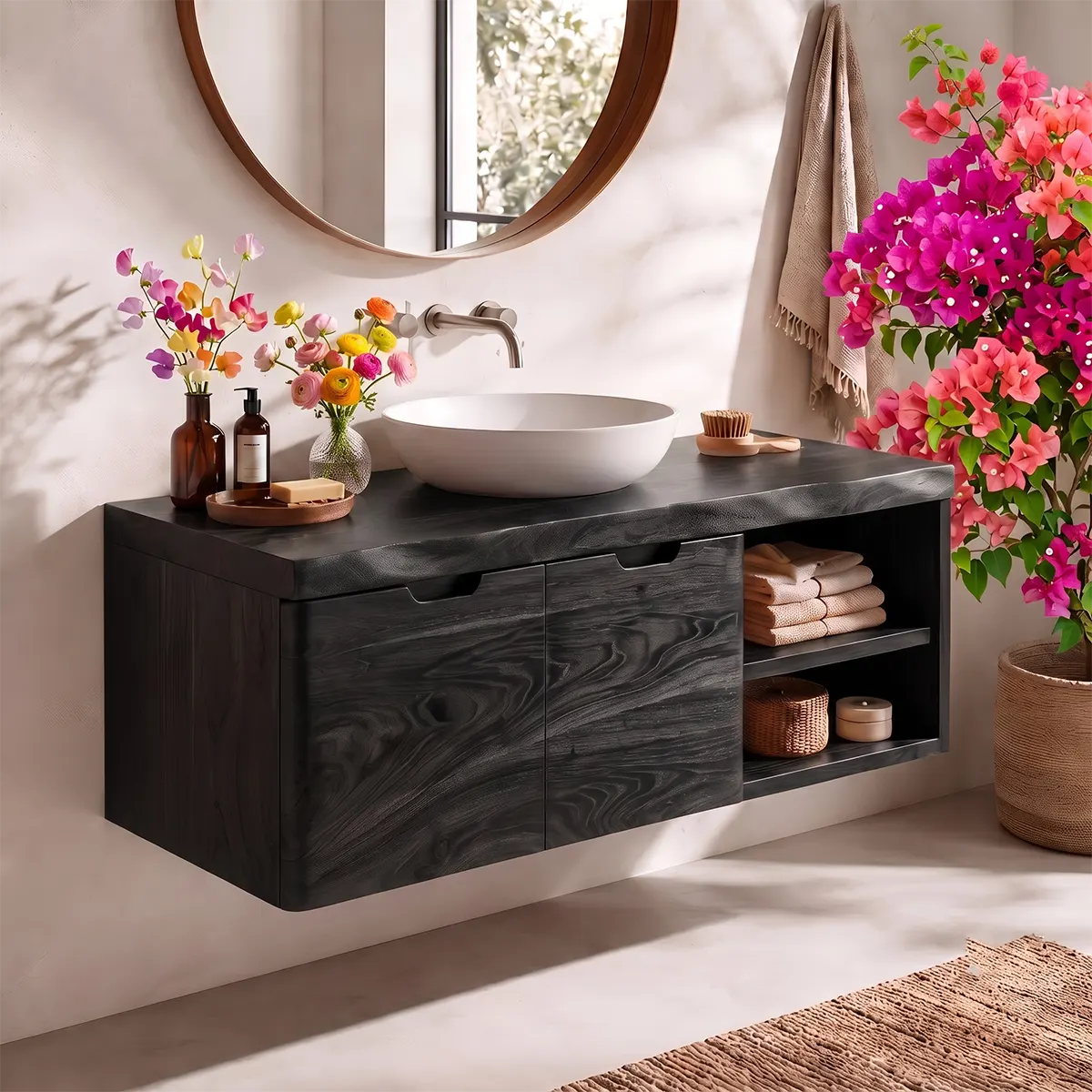 Floating Solid Wood Bathroom Vanity | Wall Mounted Single Sink Vanity with Double-Door Cabinet & Open Side Shelves TT006-8RLE6IL