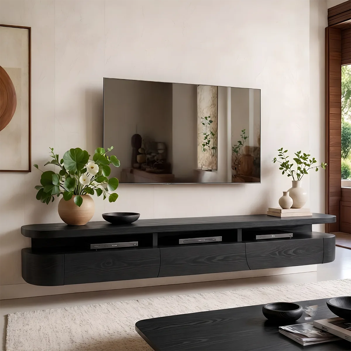 Modern Floating TV Stand with Open Media Shelf & Three Storage Drawers TT006-2WVU2VZ