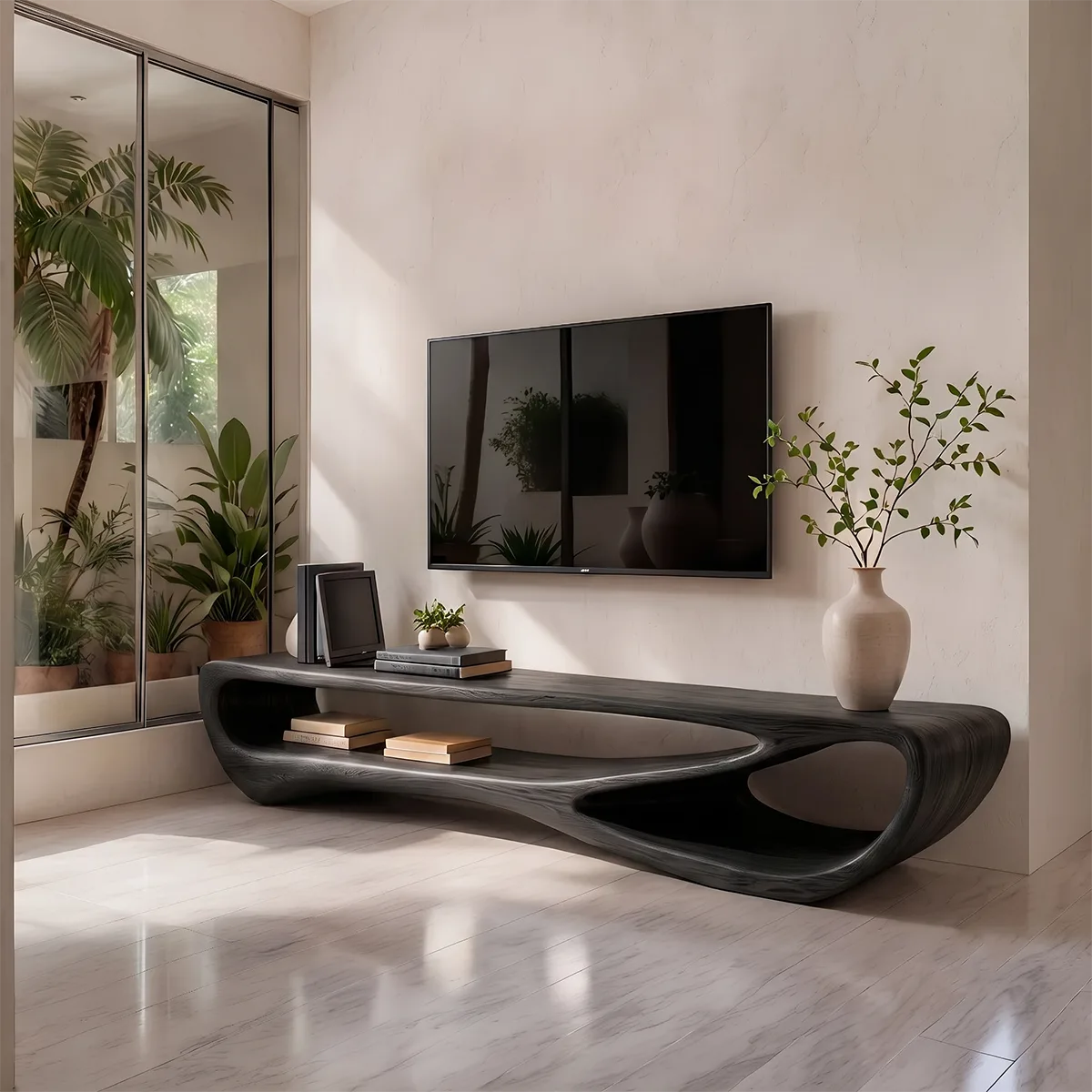 Organic Modern TV Stand with Sculptural Open Shelving & Curved Silhouette TT006-8QOM3WX