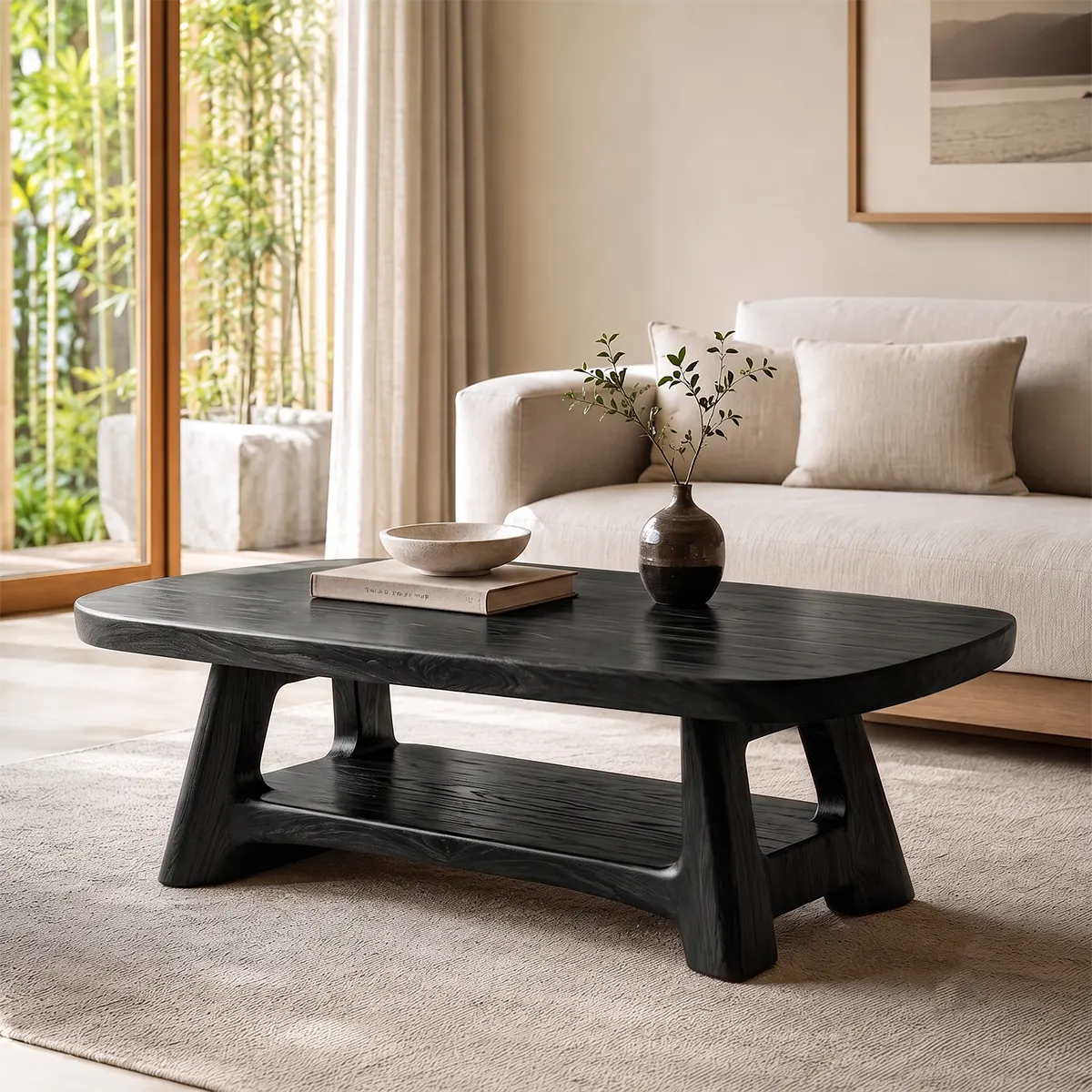 Solid Wood Coffee Table with Storage Shelf | Modern Organic Living Room Table TT006-5345