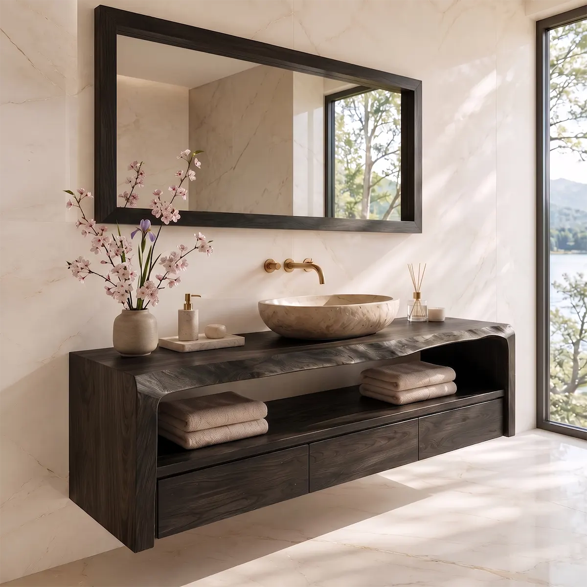 Floating Solid Wood Bathroom Vanity | Live Edge Bathroom Vanity with 3 Soft-Close Drawers and Open Shelf TT006-5FPH5WZ