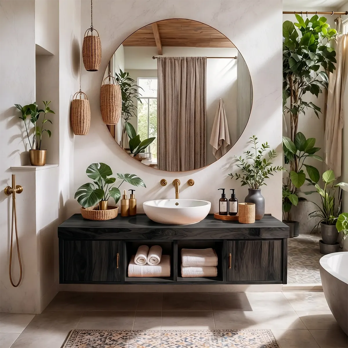 Floating Solid Wood Bathroom Vanity | Modern Bathroom Vanity with Side Cabinets and Open Shelves TT006-6ICG7SP
