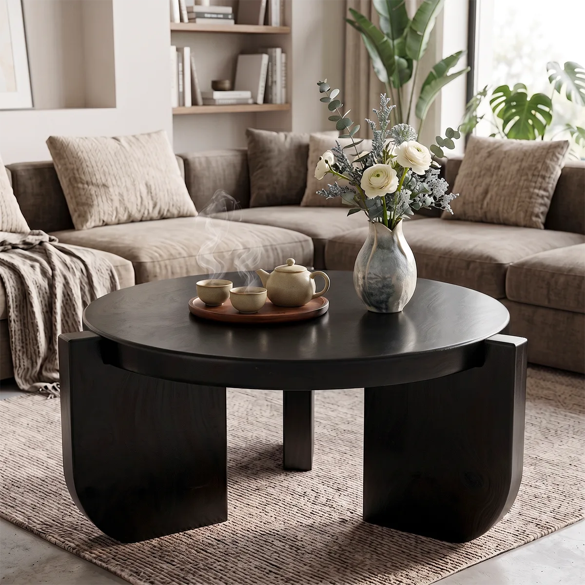 Modern Round Coffee Table with 3 Sculptural Panel Legs | Organic Contemporary Living Room Table