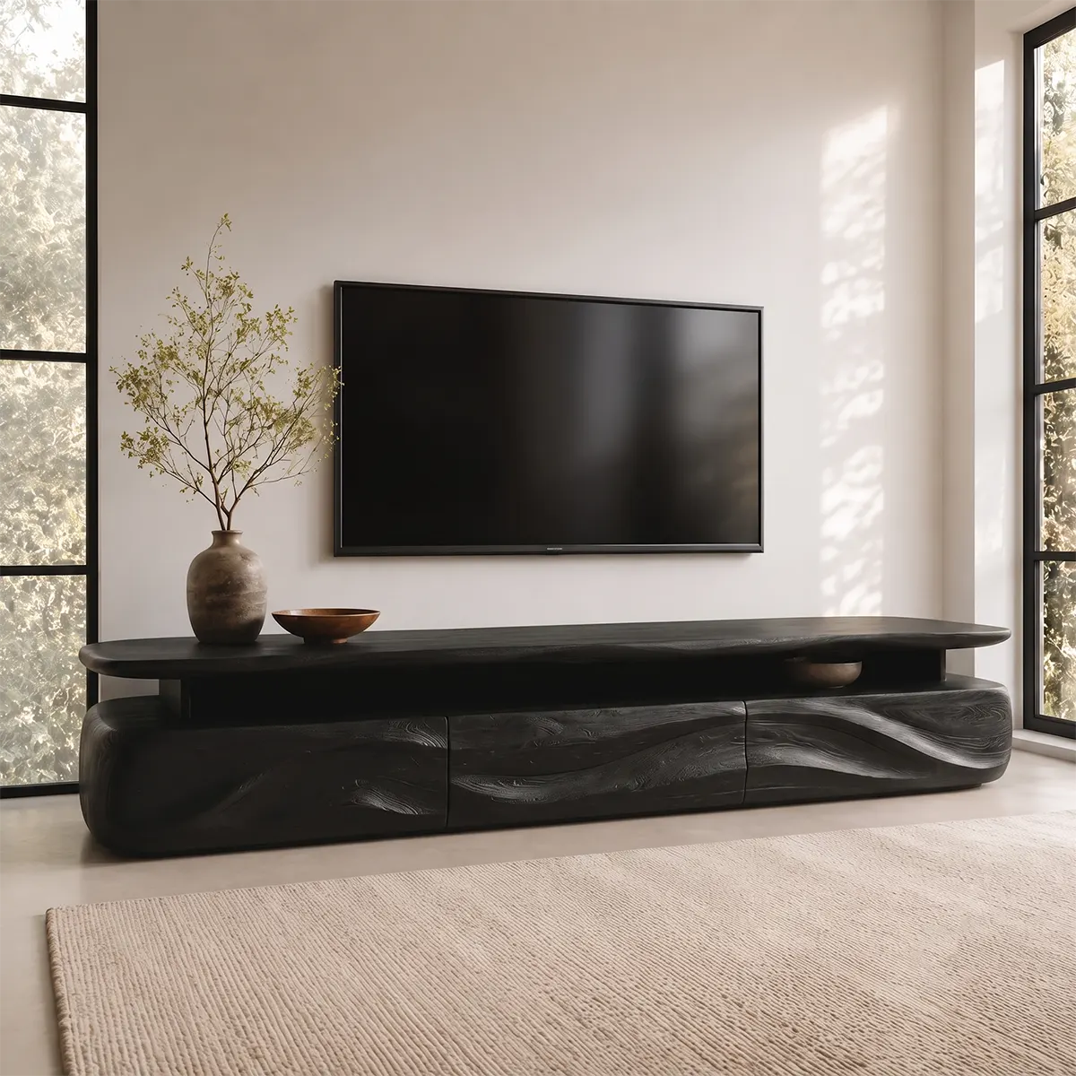 Modern Organic TV Stand with Three Sculpted Cabinets | Open Display Media Console TT006-3GCV7CG