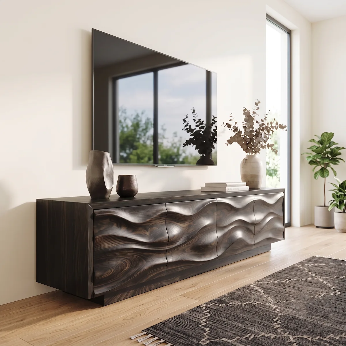 Modern Organic TV Stand with Sculpted Cabinets | Entertainment Console TT006-6CBU3TP
