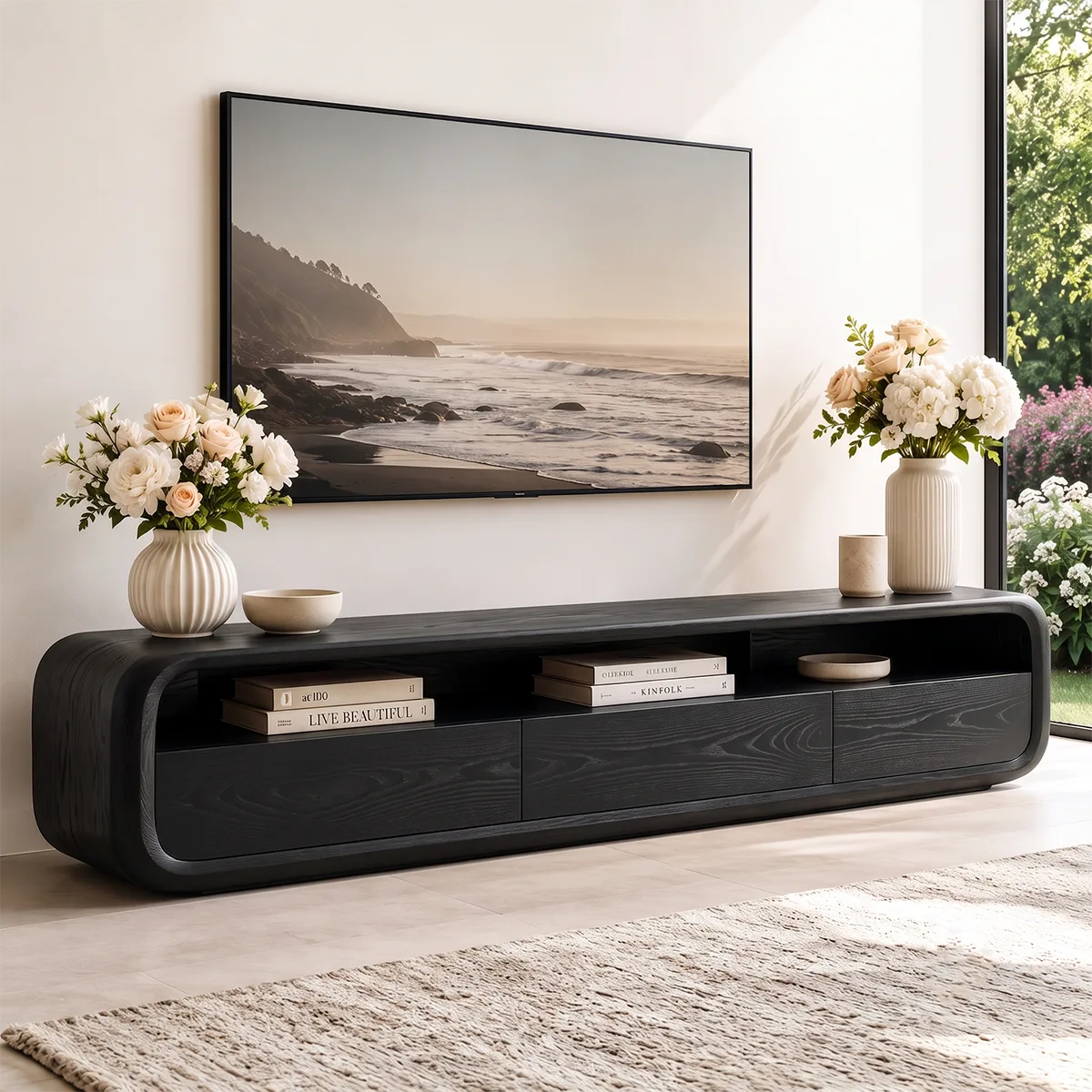 Modern TV Stand with Open Shelf & 3 Drawers | Contemporary Media Console TT006-5GKM4CV