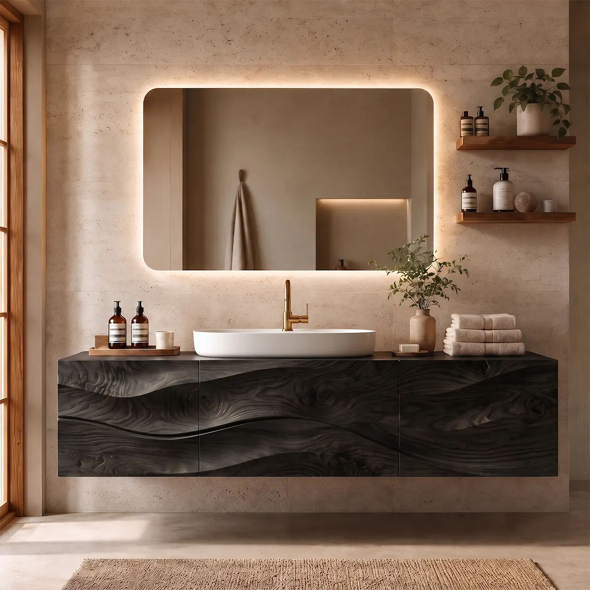 Floating Bathroom Vanity with 3 Doors | Sculpted Wave Front & Handleless Modern Design