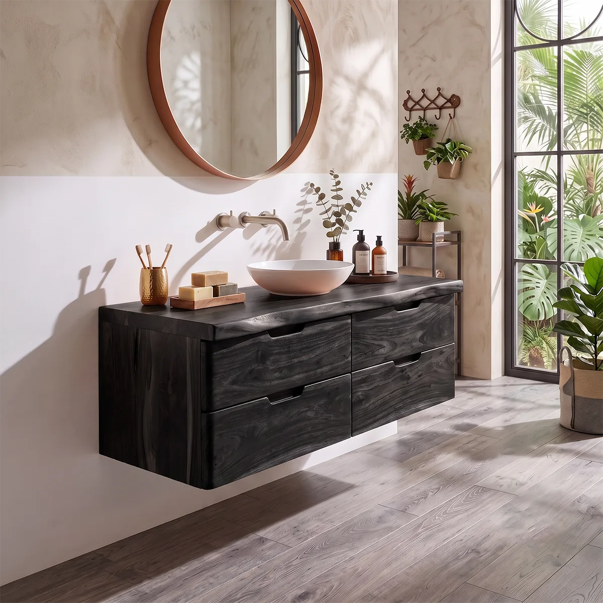 Floating Solid Wood Bathroom Vanity | Modern Wall Mounted Single Sink Vanity with 4 Drawers TT006-3LLJ4UM