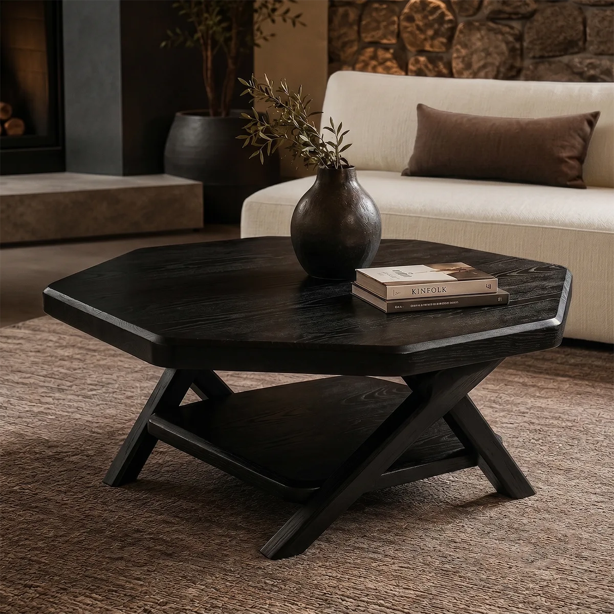 Solid Wood Square Coffee Table with Storage Shelf | Rustic Modern Living Room Table TT006-7233