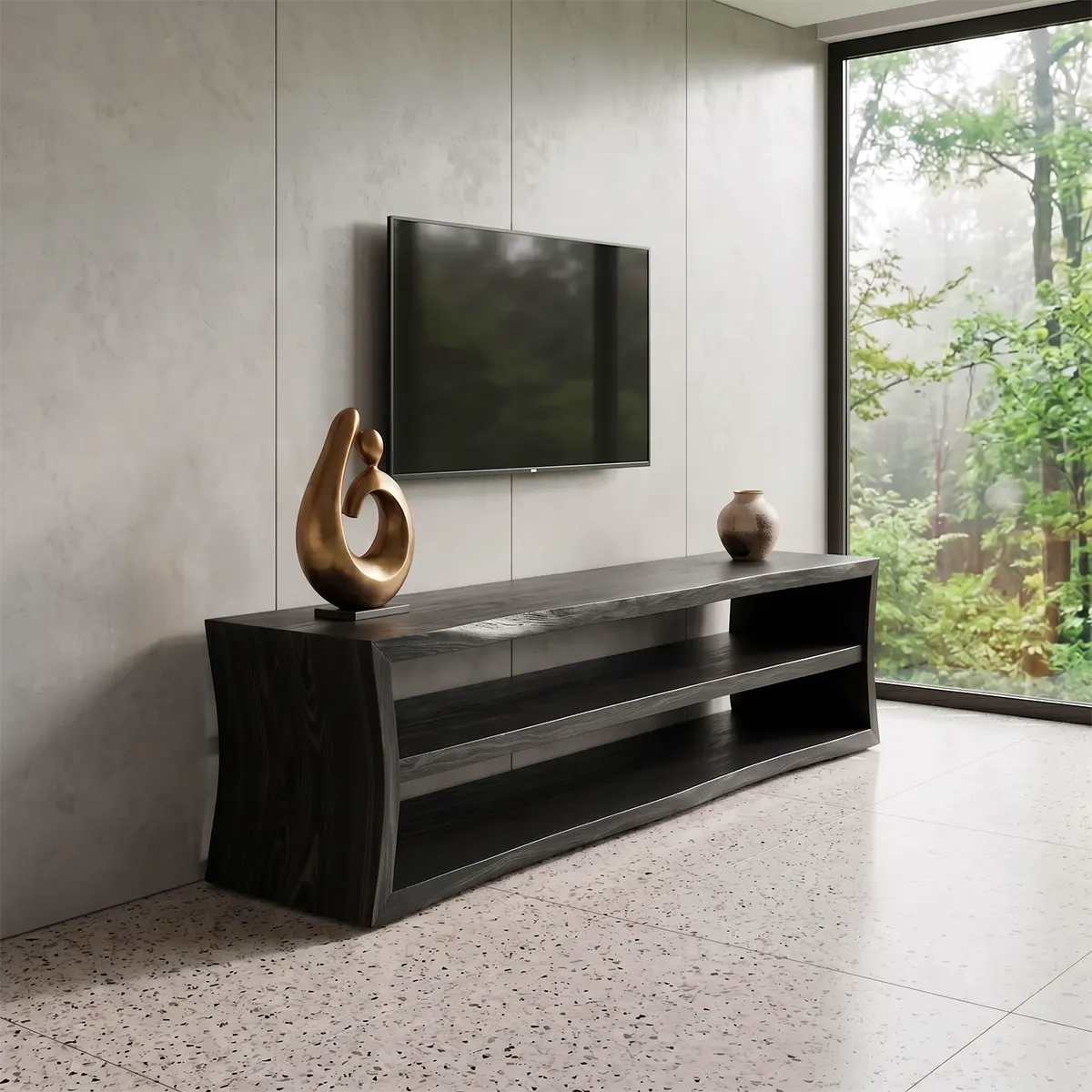 Modern Open Shelf TV Stand – Low Profile Media Console with 2-Tier Storage
