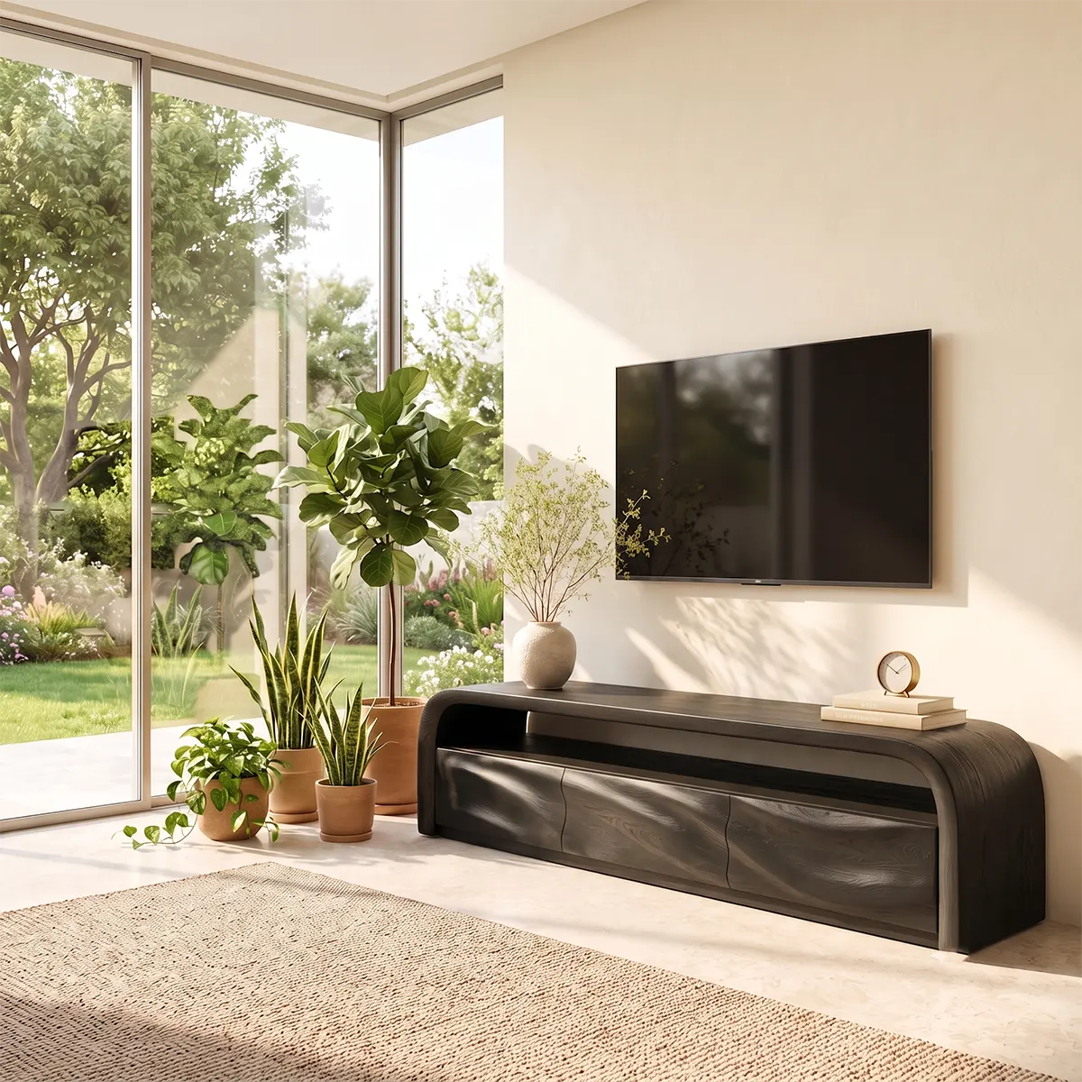 Modern Organic TV Stand with Sculpted Cabinets | Open Media Console TT006-8LGO4IB