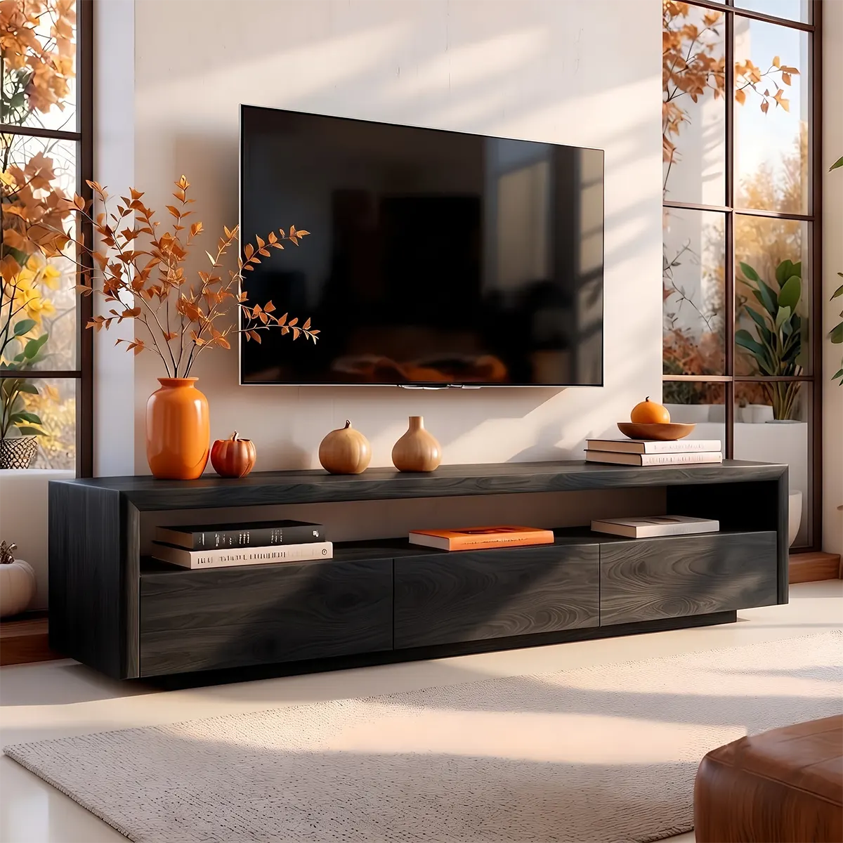 Modern TV Stand with 3 Enclosed Storage Compartments & Long Open Media Shelf