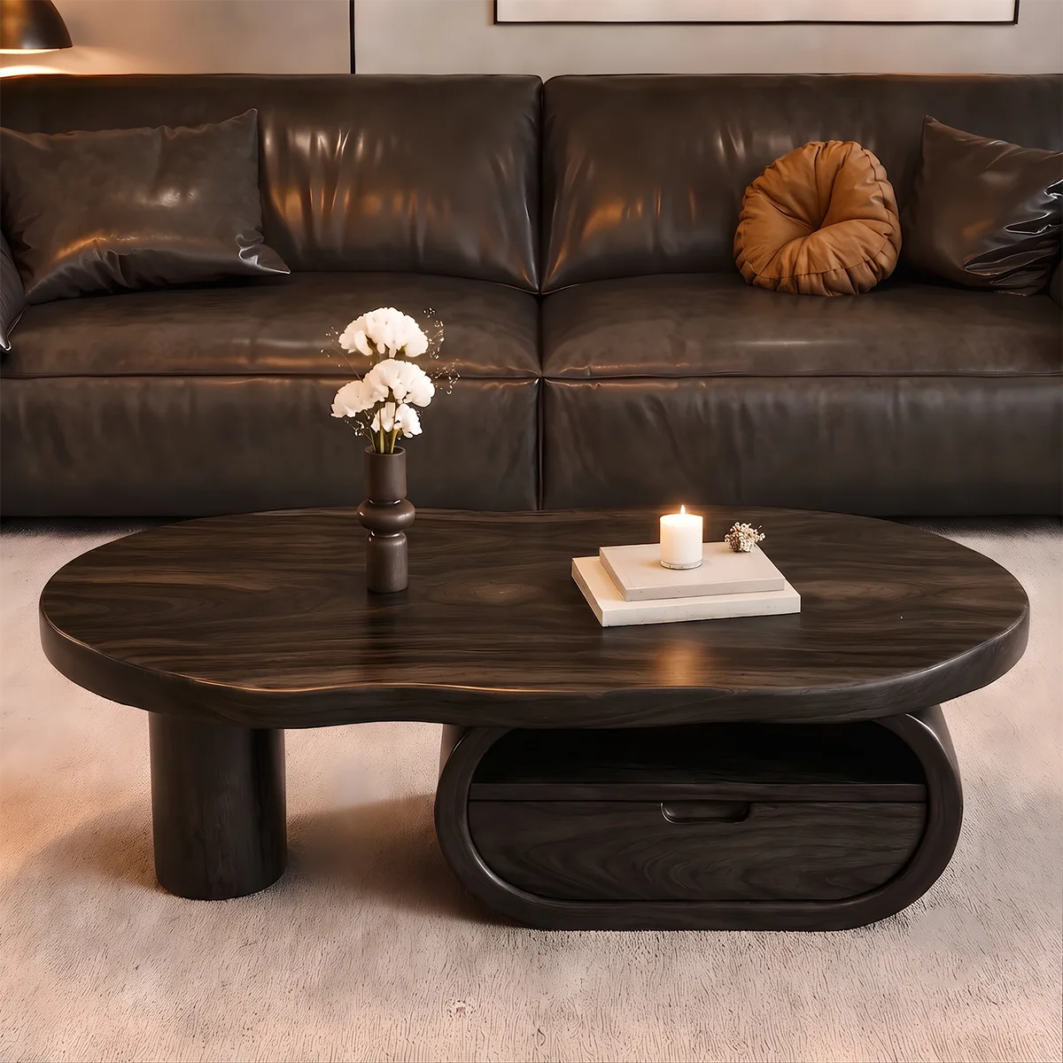 Organic Wood Coffee Table with Drawer and Open Shelf | Sculptural Oval Living Room Center Table
