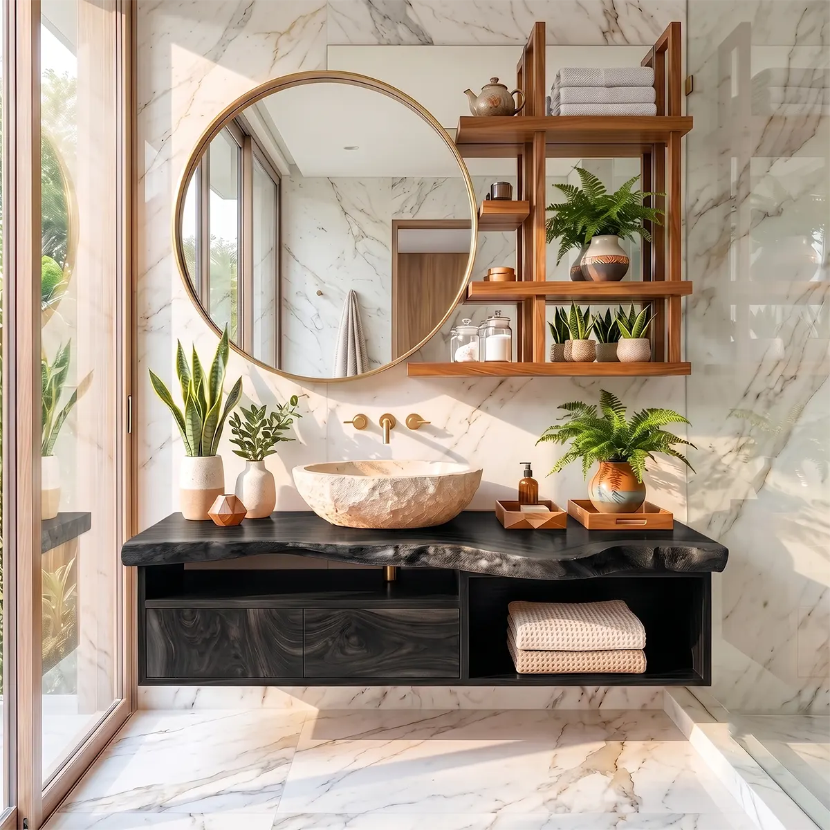 Live Edge Floating Bathroom Vanity with Drawers & Open Shelf | Solid Wood Wall Mounted Bathroom Vanity TT006-9VCQ2QP