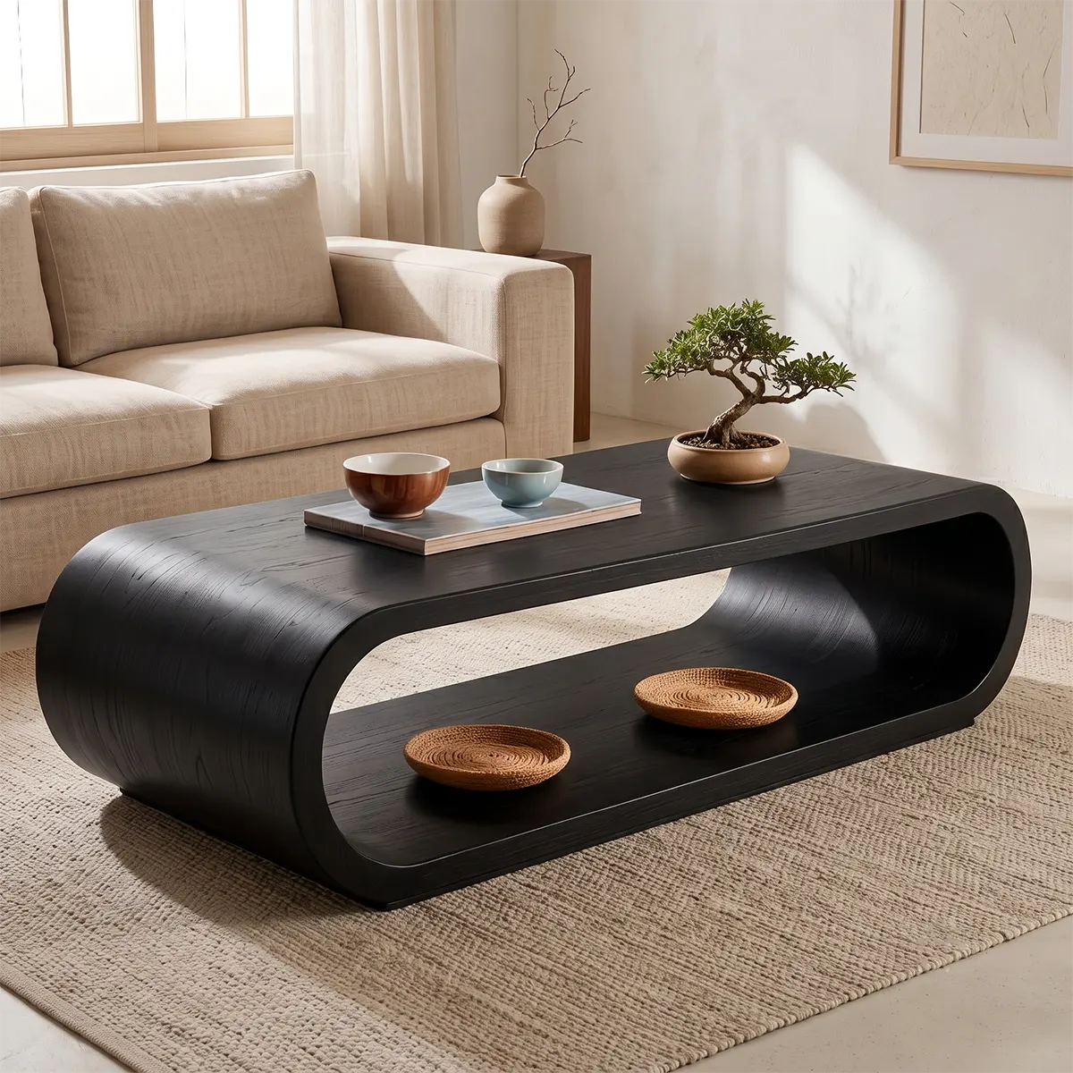 Solid Wood Waterfall Coffee Table with Open Storage | Modern Organic Living Room Table