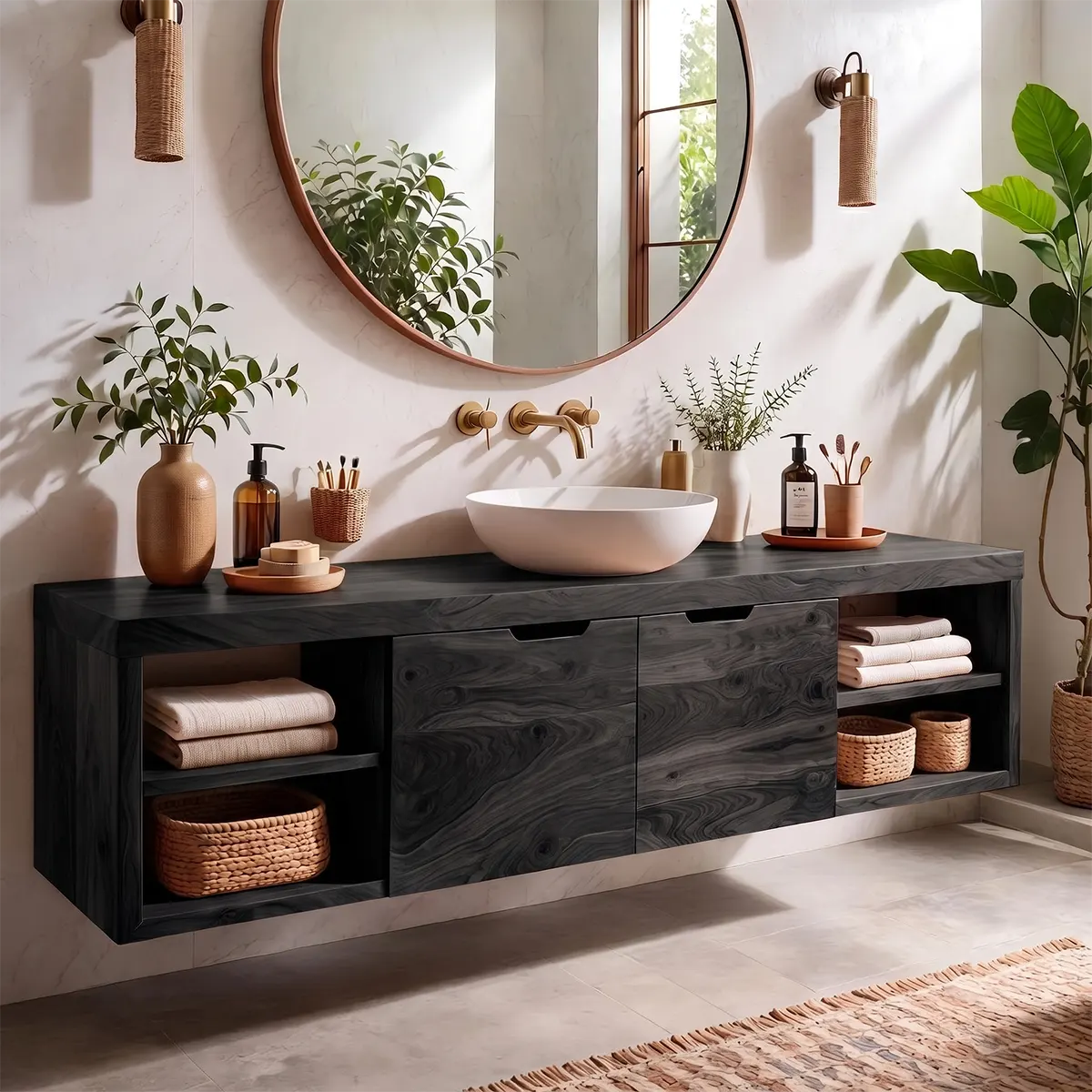 Floating Solid Wood Bathroom Vanity | Wall Mounted Single Sink Vanity with Double-Door Cabinet & Open Shelves TT006-9KLL6LF