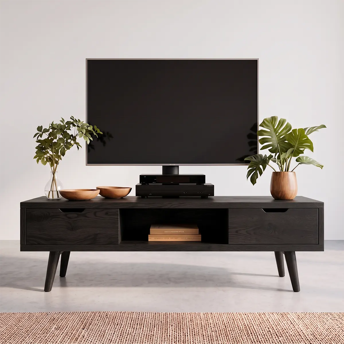 Mid-Century Modern TV Stand with 2 Drawers & Open Shelf | Low Profile Media Console