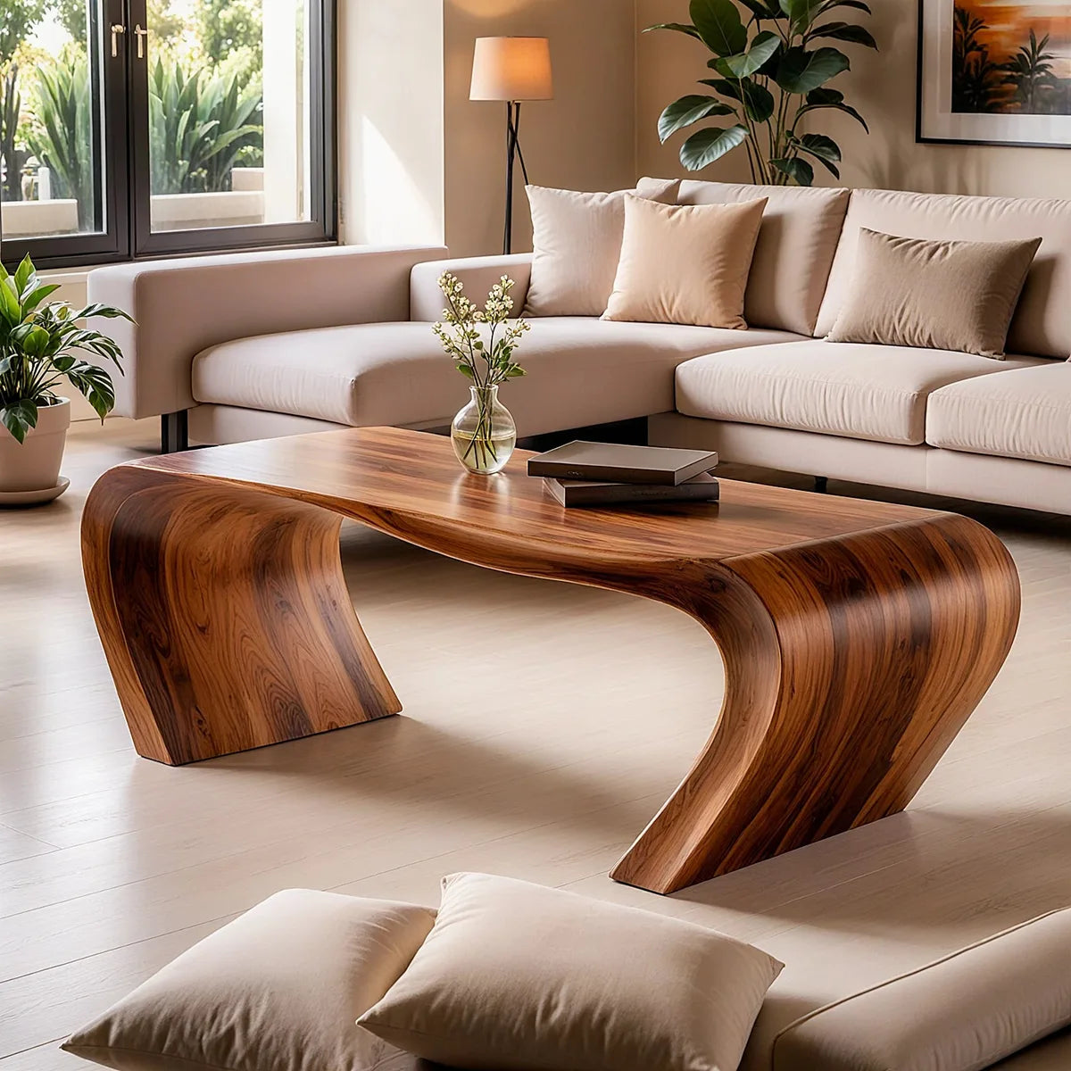 Solid Wood Waterfall Coffee Table | Modern Curved Wooden Coffee Table TT006-9943