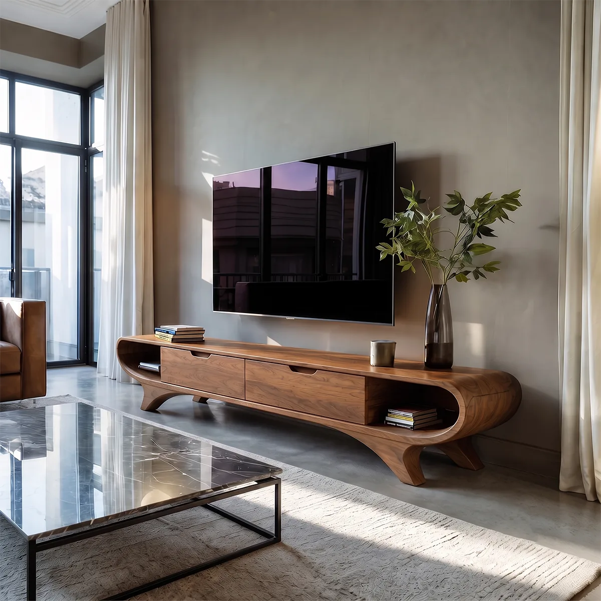 Modern Curved TV Stand with 2 Drawers & Open Side Shelves | Low Profile Media Console