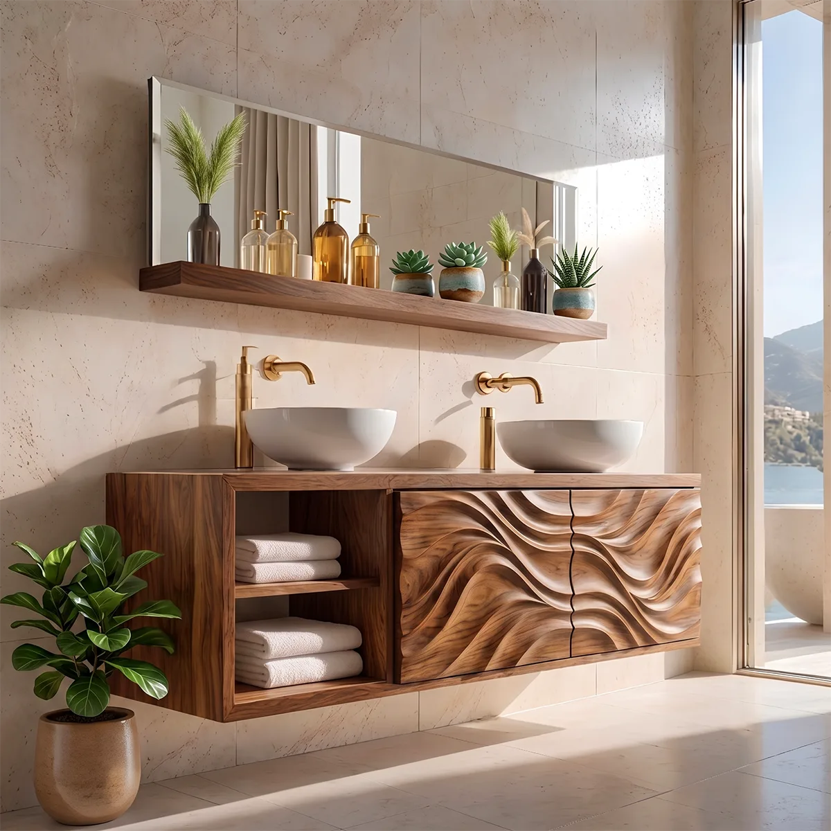 Double Sink Floating Bathroom Vanity with 2 Sculpted Doors | Modern Wall Mounted Vanity TH003-3PGW8ZW