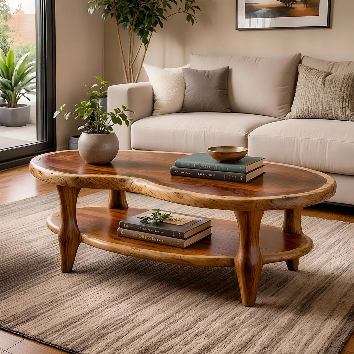 Organic Shape Coffee Table with Storage Shelf | Handcrafted Solid Wood Live Edge Table TT006-1025