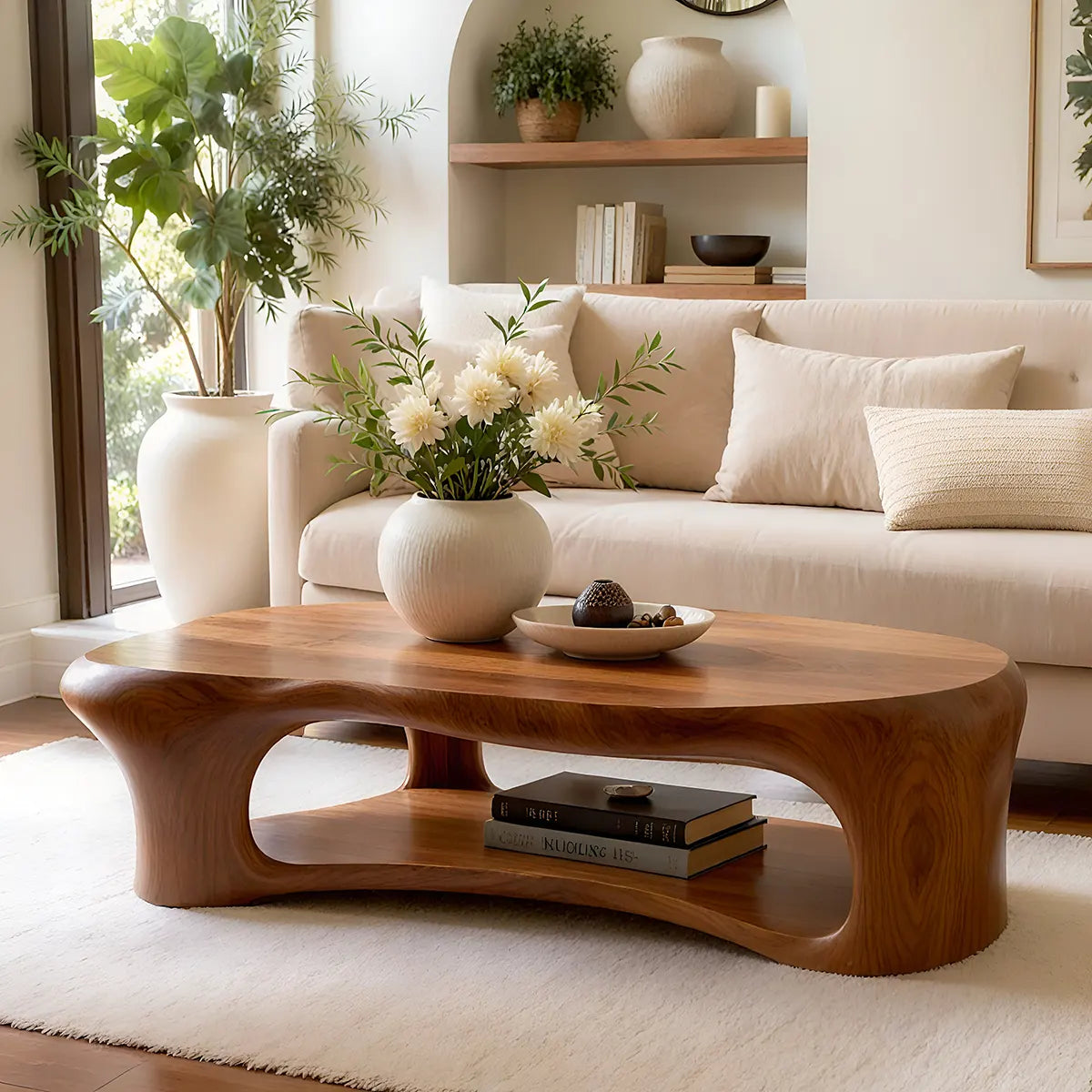 Organic Shape Coffee Table with Storage Shelf | Sculptural Solid Wood Living Room Table TT006-3938