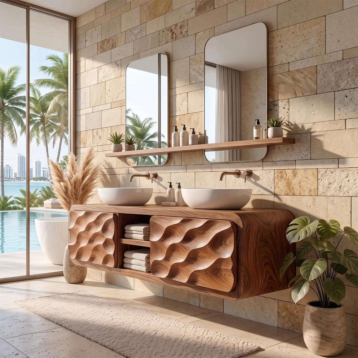 Modern Floating Bathroom Vanity with Wave Carved Doors & Center Open Shelves TH003-3UED6AZ