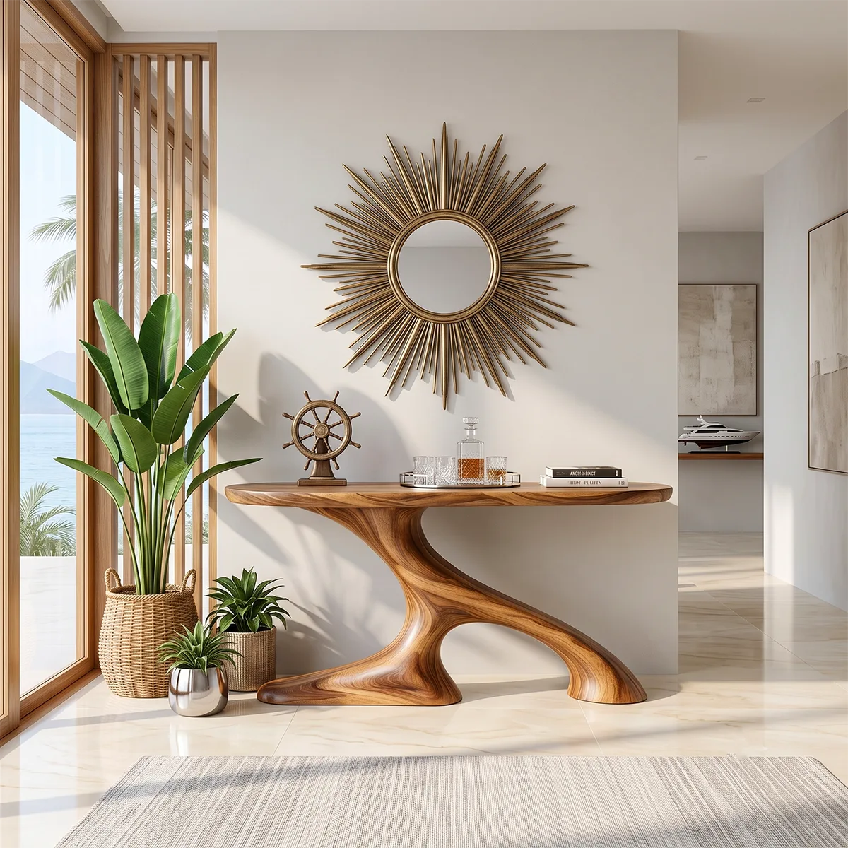 Organic Sculptural Console Table | Modern Entryway Console Table with Flowing Curved Pedestal Base TH003-9707