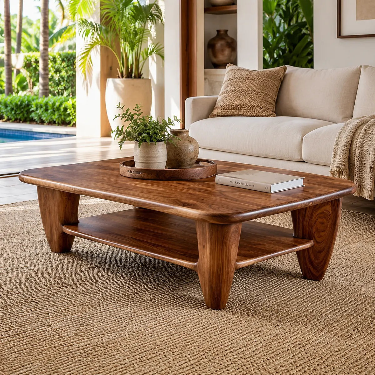 Rounded Rectangle Solid Wood Coffee Table with Storage Shelf | Modern Living Room Center Table TT006-3905